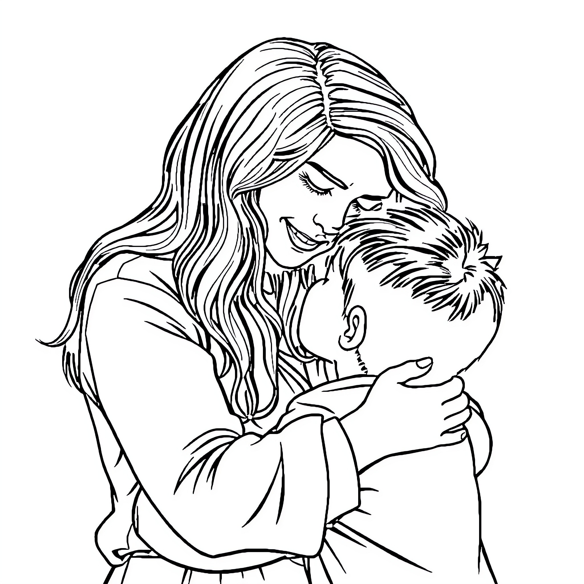 Mother embracing her child affectionately Coloring Page (free black-and-white line drawing printable PDF for all, from beginners to advanced learners, including children, teens, adults, and seniors)