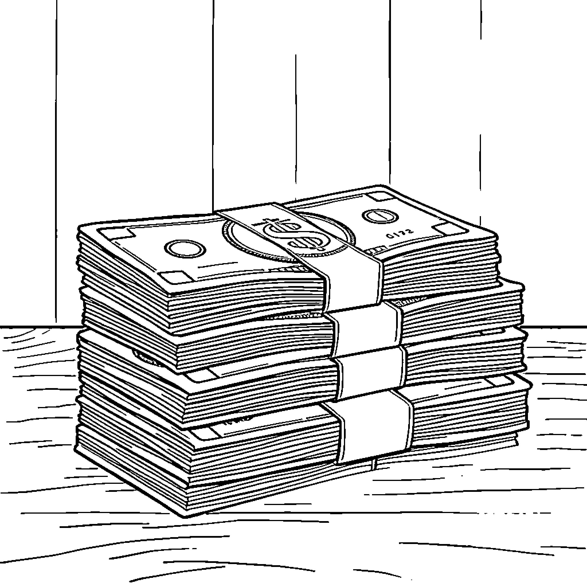 Money Stacks on a Table Coloring Page (free black-and-white line drawing printable PDF for all, from beginners to advanced learners, including children, teens, adults, and seniors)