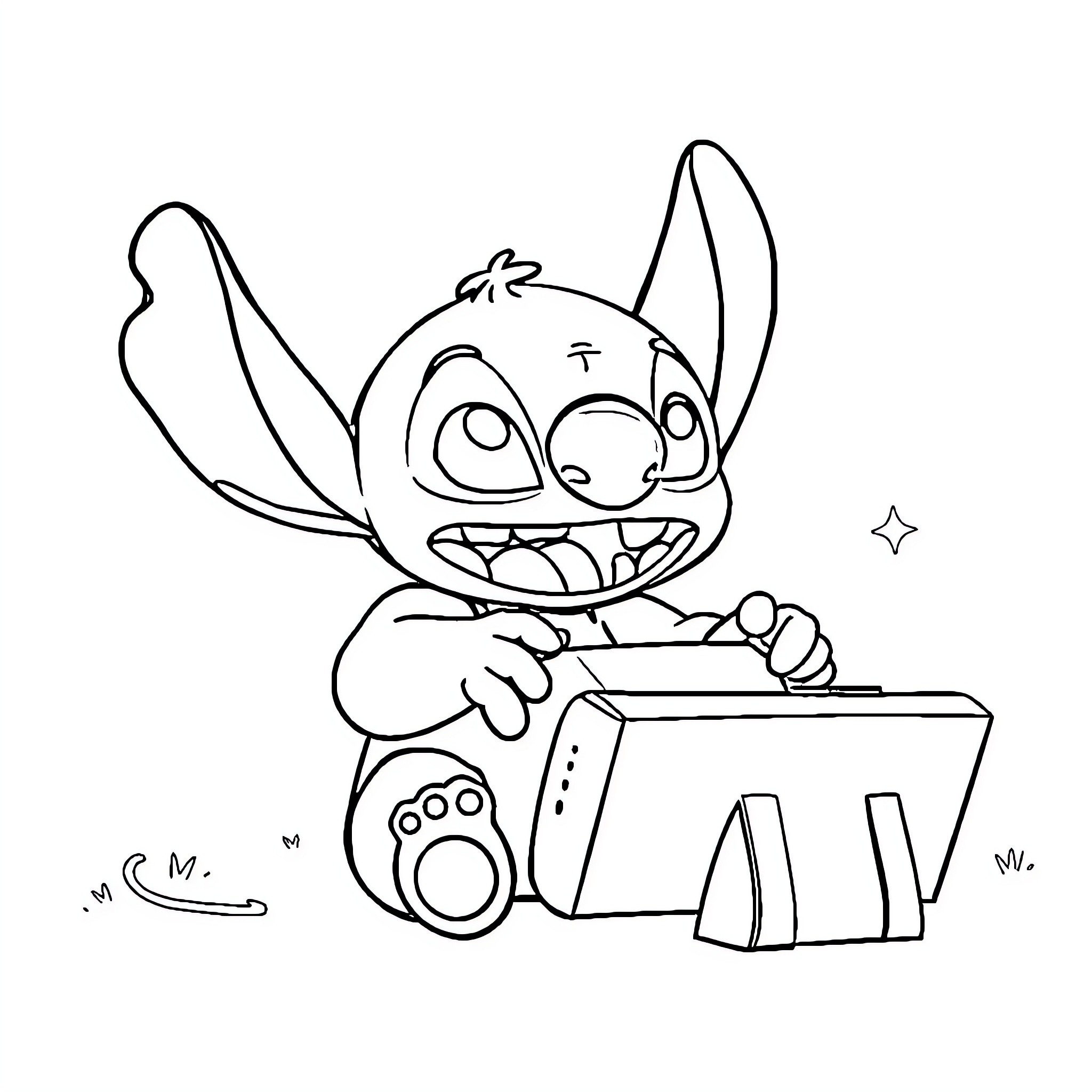 Stitch playing with a video game console Coloring Page (free black-and-white line drawing printable PDF for all, from beginners to advanced learners, including children, teens, adults, and seniors)