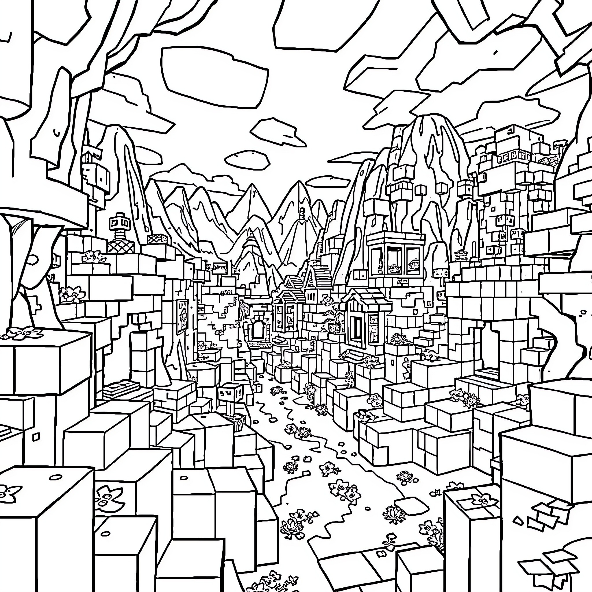 Minecraft Landscape with Mountainous Terrain and Complex Buildings Coloring Page (free black-and-white line drawing printable PDF for all, from beginners to advanced learners, including children, teens, adults, and seniors)