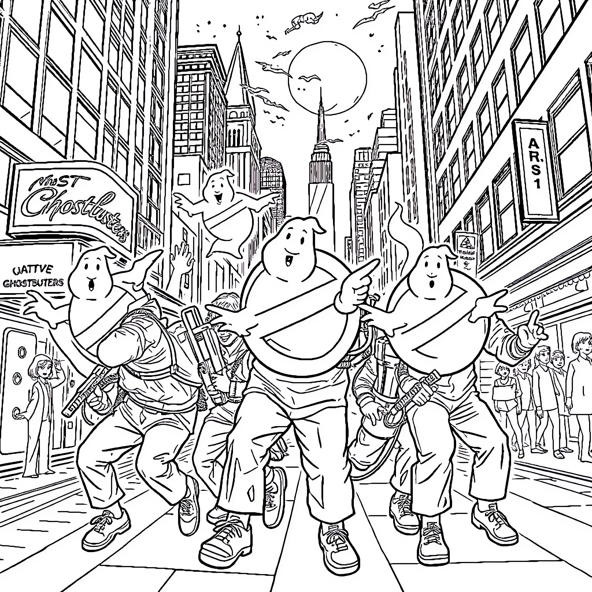 Ghostbusters chasing ghosts through the city streets Coloring Page (free black-and-white line drawing printable PDF for all, from beginners to advanced learners, including children, teens, adults, and seniors)