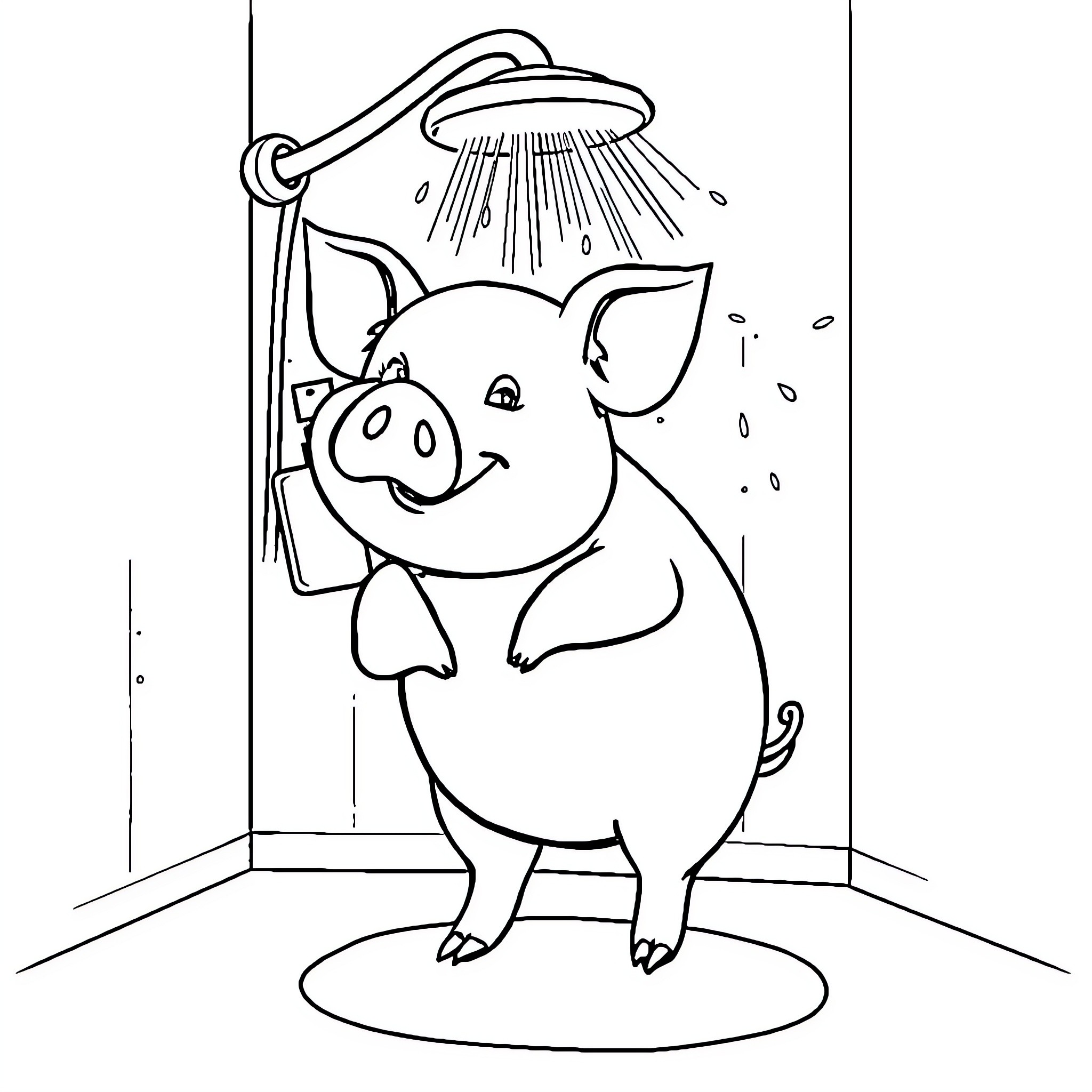 Pig enjoying a shower in the bathroom Coloring Page (free black-and-white line drawing printable PDF for all, from beginners to advanced learners, including children, teens, adults, and seniors)