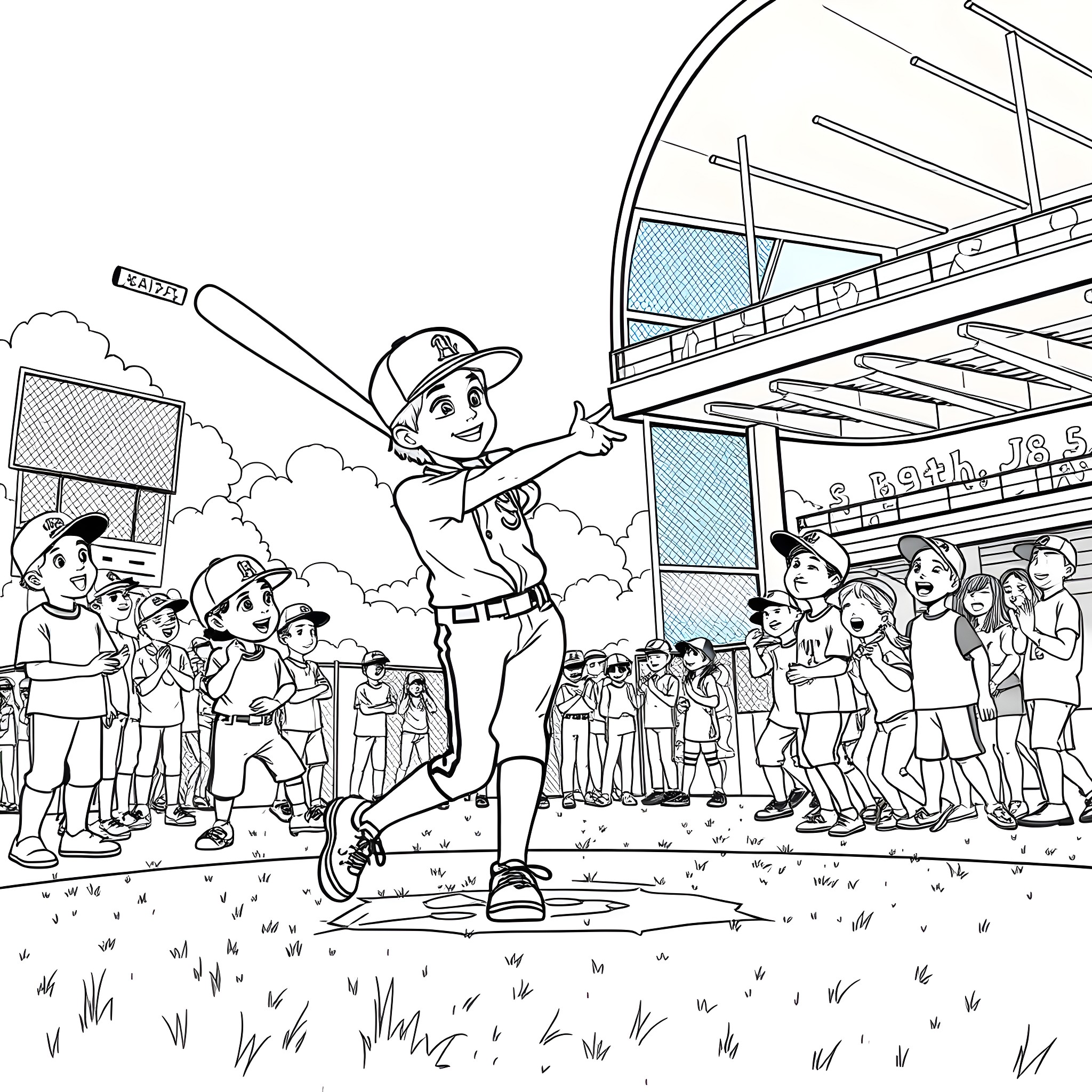 Elly de la Cruz playing baseball with teammates on the field Coloring Page (free black-and-white line drawing printable PDF for all, from beginners to advanced learners, including children, teens, adults, and seniors)