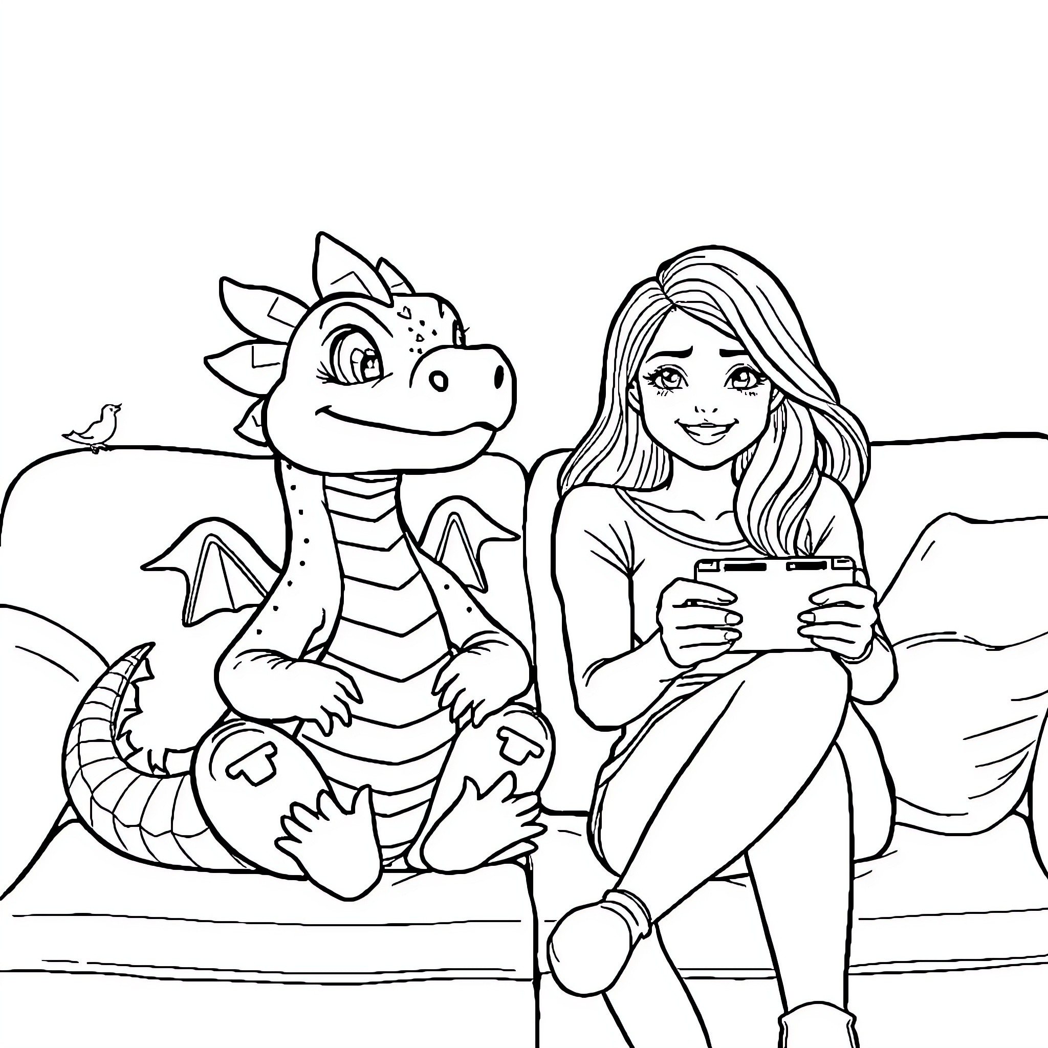 Dragon and Girl Bonding Moment Coloring Page (free black-and-white line drawing printable PDF for all, from beginners to advanced learners, including children, teens, adults, and seniors)