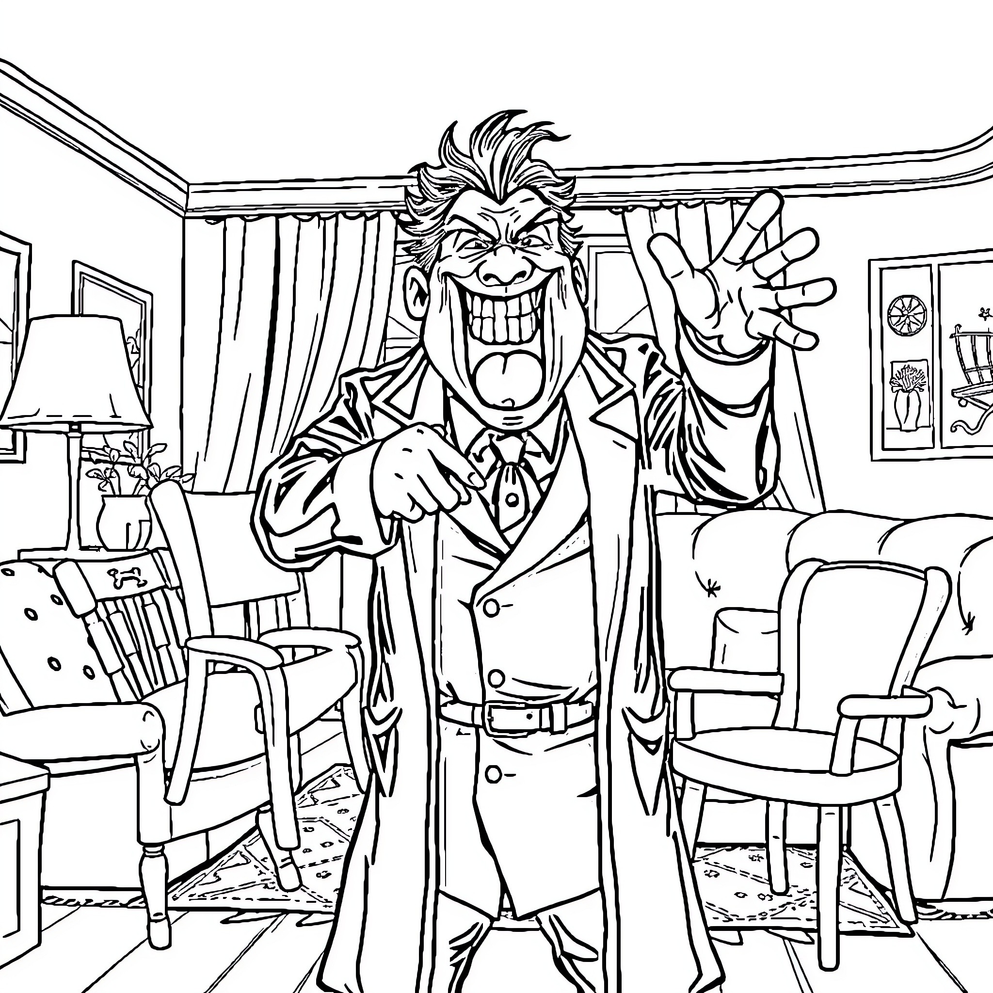 Doctor Examines Eccentric Patient in Unusual Setting Coloring Page (free black-and-white line drawing printable PDF for all, from beginners to advanced learners, including children, teens, adults, and seniors)