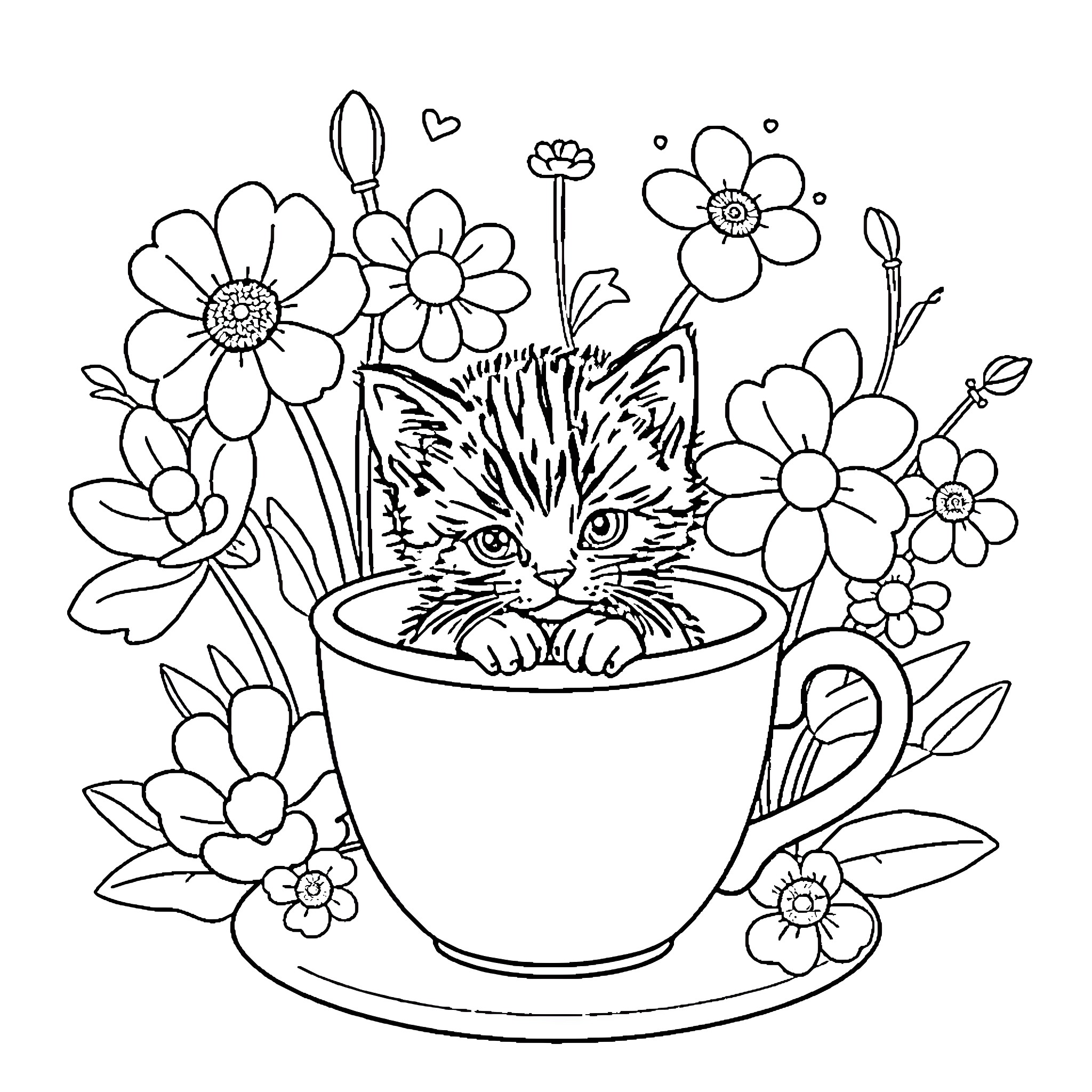 Coffee Cup with Playful Kitten and Flowers Coloring Page (free black-and-white line drawing printable PDF for all, from beginners to advanced learners, including children, teens, adults, and seniors)