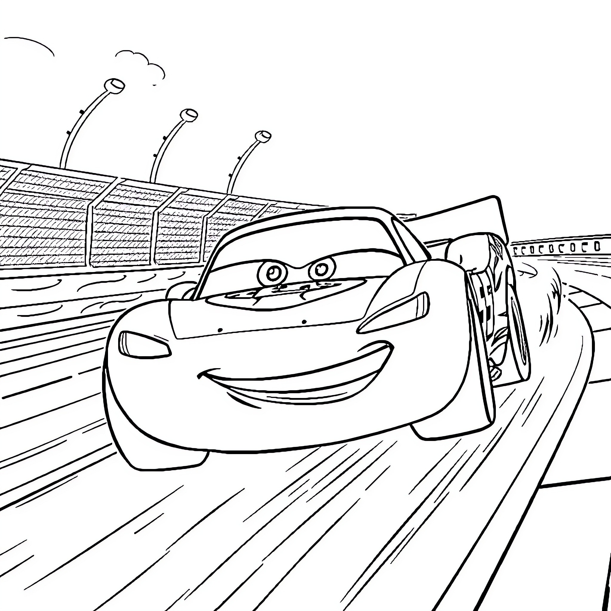 Lightning McQueen speeding through a race track Coloring Page (free black-and-white line drawing printable PDF for all, from beginners to advanced learners, including children, teens, adults, and seniors)