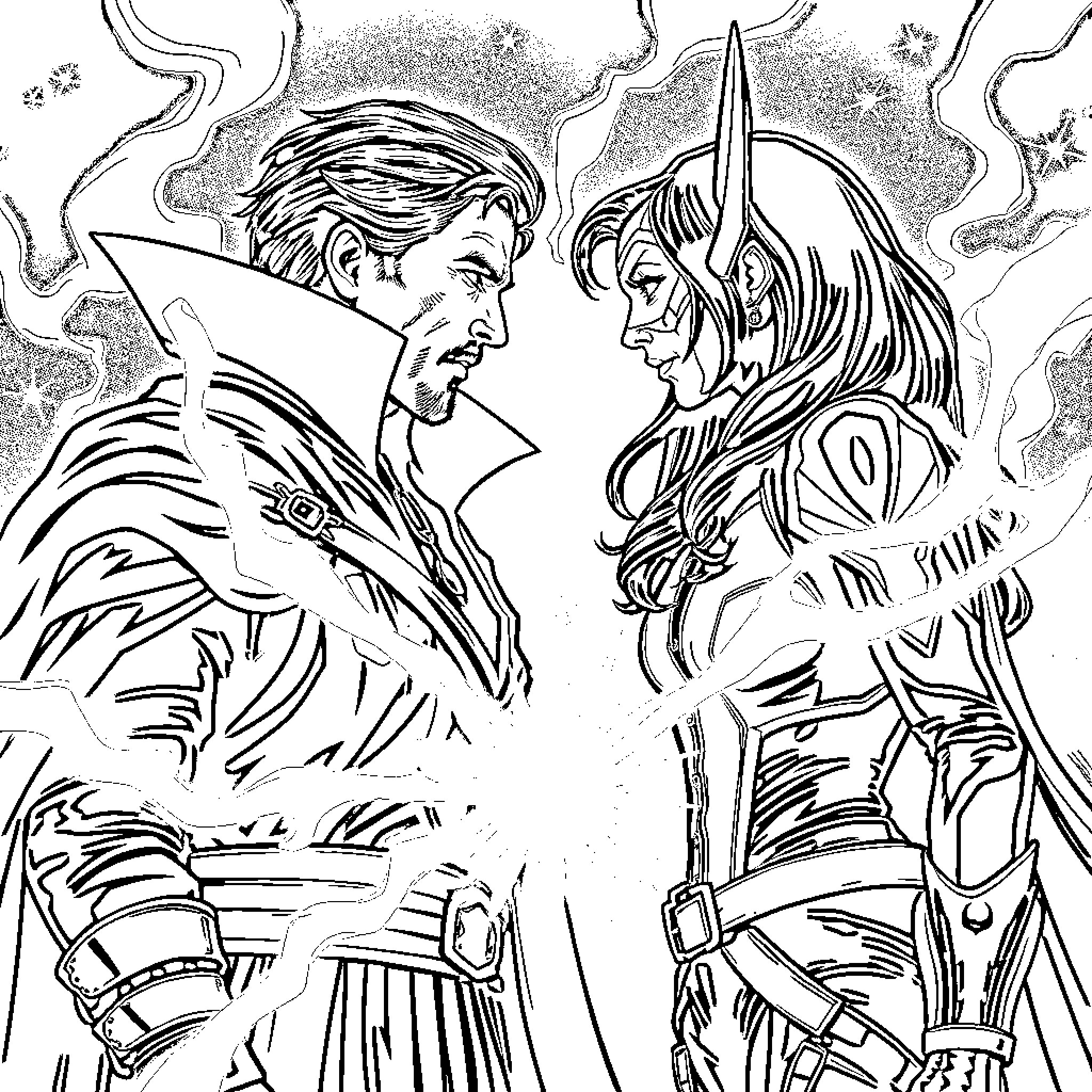 Dr. Strange confronting a powerful female figure Coloring Page (free black-and-white line drawing printable PDF for all, from beginners to advanced learners, including children, teens, adults, and seniors)