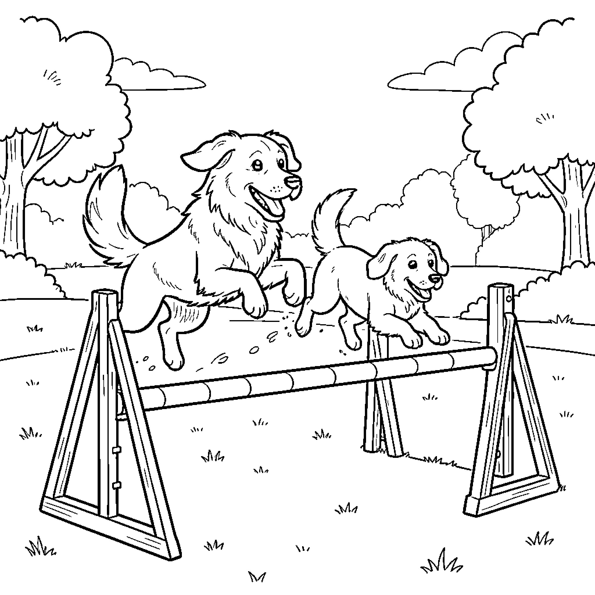 Dog jumping over an obstacle in a park Coloring Page (free black-and-white line drawing printable PDF for all, from beginners to advanced learners, including children, teens, adults, and seniors)