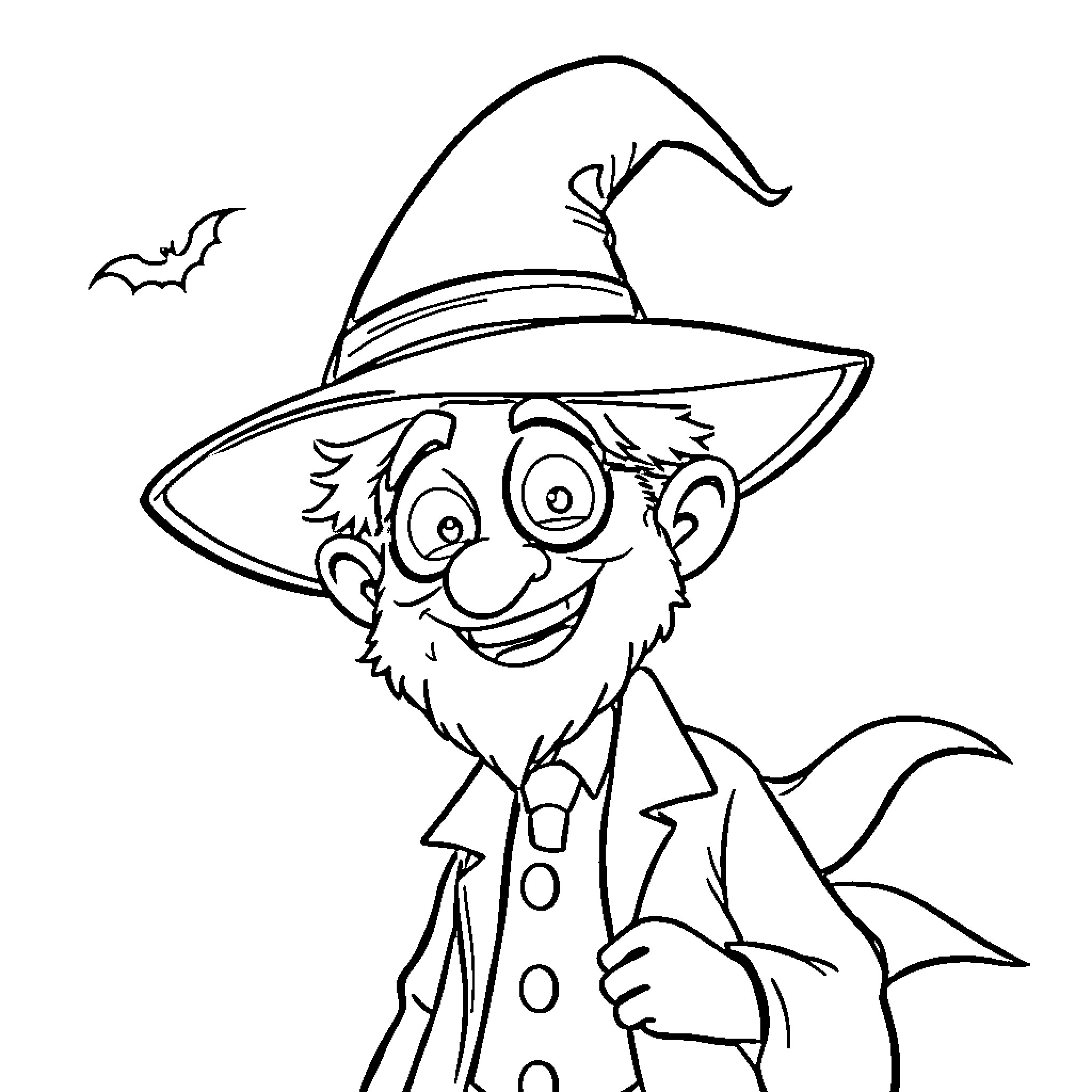 Doctor Wizard's Whimsical Portrait Coloring Page (free black-and-white line drawing printable PDF for all, from beginners to advanced learners, including children, teens, adults, and seniors)