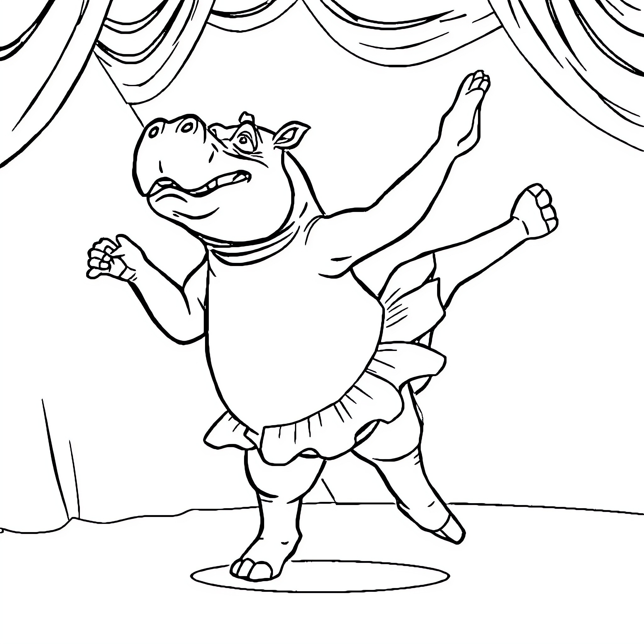 Hippopotamus dancing joyfully on stage Coloring Page (free black-and-white line drawing printable PDF for all, from beginners to advanced learners, including children, teens, adults, and seniors)