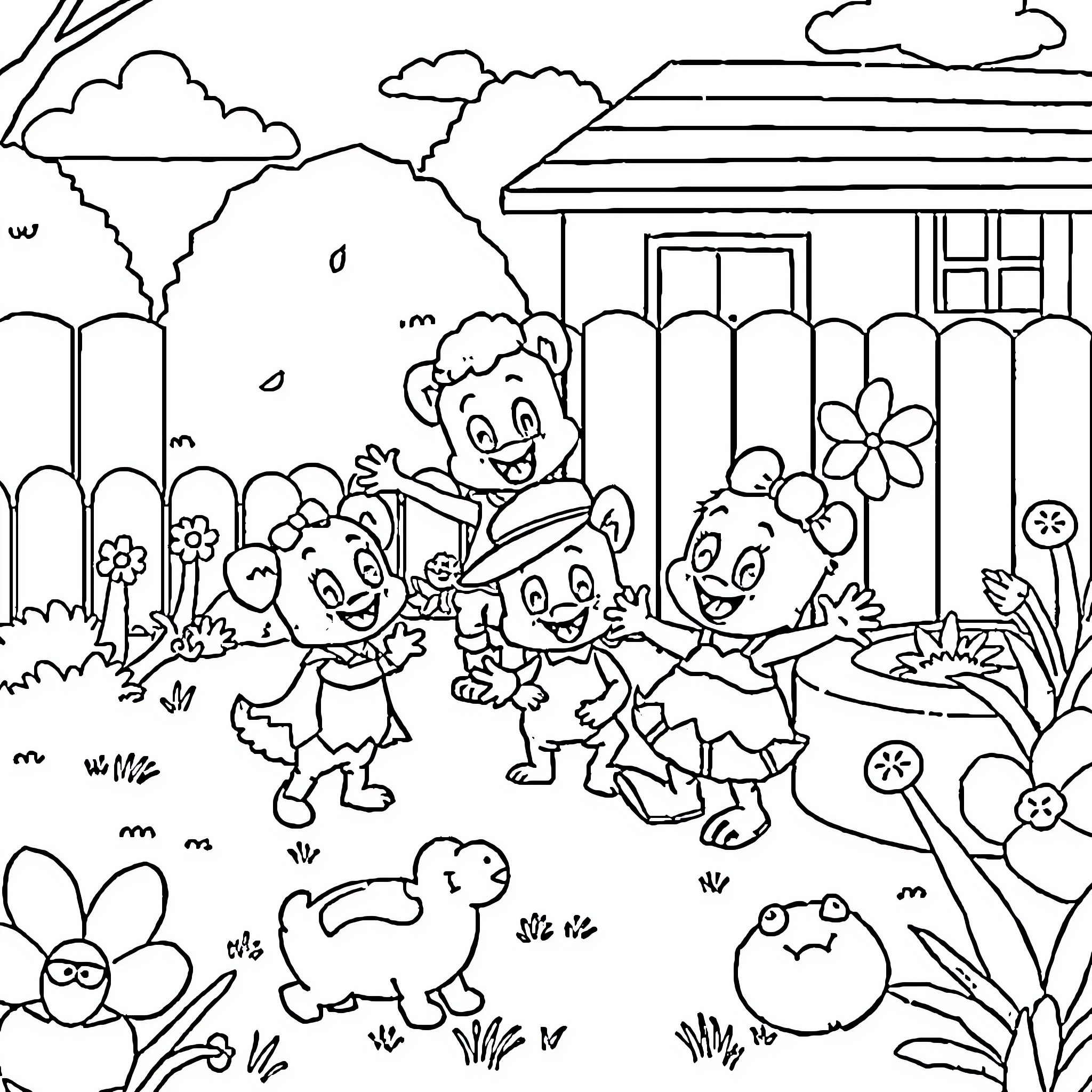 Bluey's Family Enjoying the Outdoors Coloring Page (free black-and-white line drawing printable PDF for all, from beginners to advanced learners, including children, teens, adults, and seniors)