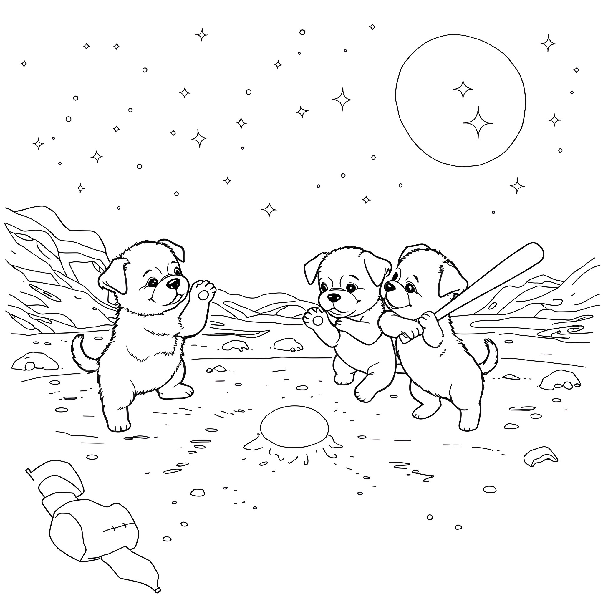 Puppies playing under the starry sky Coloring Page (free black-and-white line drawing printable PDF for all, from beginners to advanced learners, including children, teens, adults, and seniors)