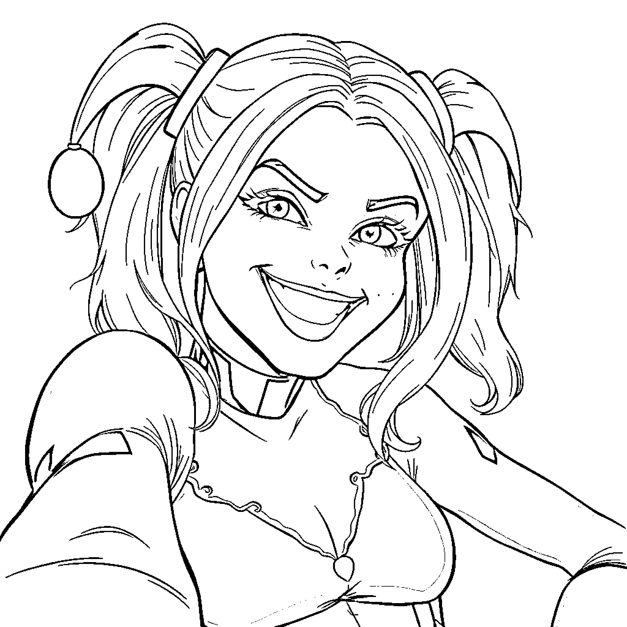Harley Quinn's Playful Expressions Coloring Page (free black-and-white line drawing printable PDF for all, from beginners to advanced learners, including children, teens, adults, and seniors)
