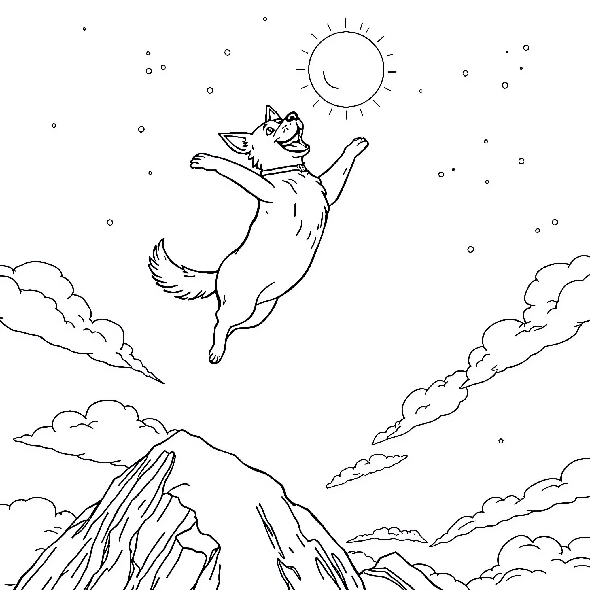 Dog joyfully leaping over clouds in the sky Coloring Page (free black-and-white line drawing printable PDF for all, from beginners to advanced learners, including children, teens, adults, and seniors)