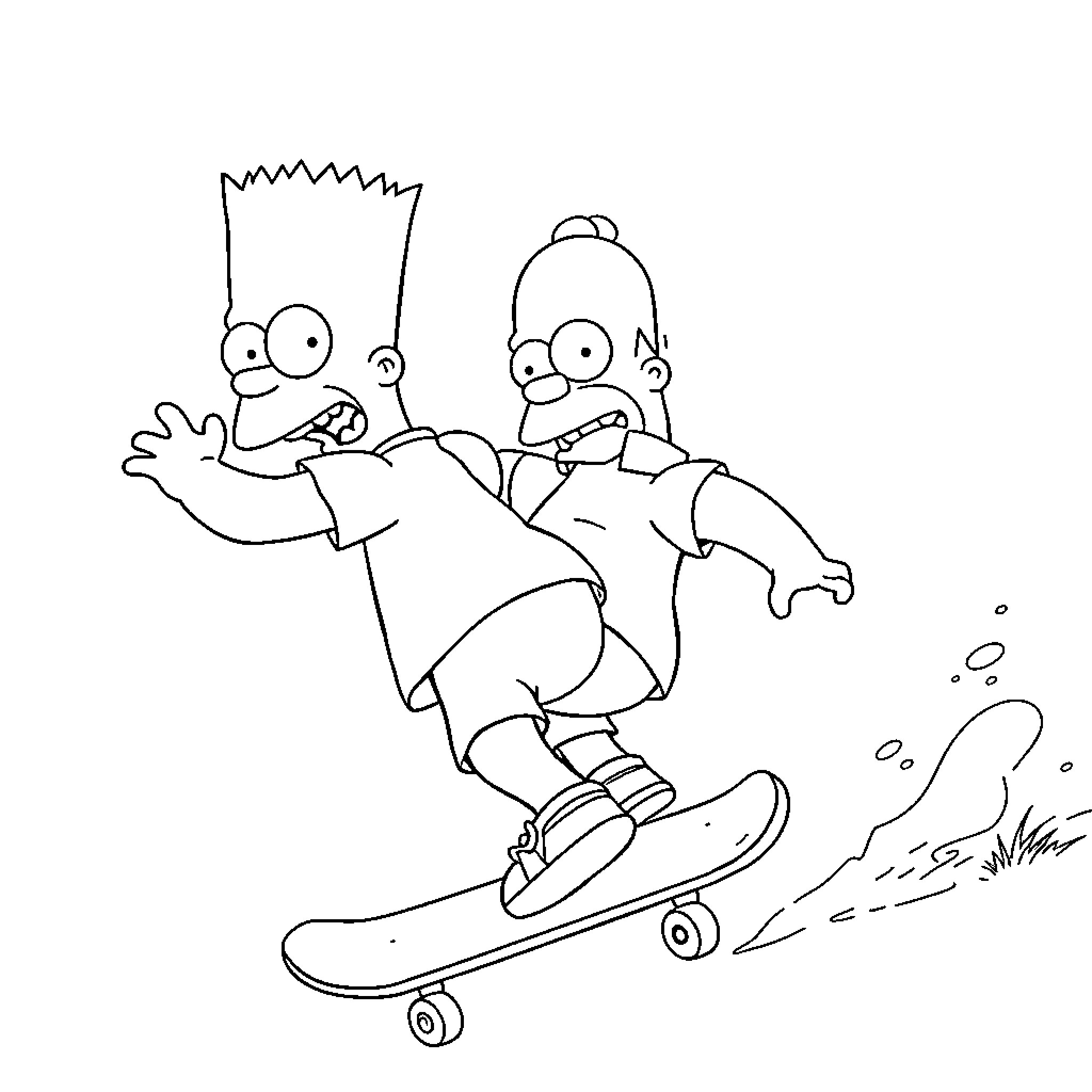 Bart Simpson skateboarding with friend Coloring Page (free black-and-white line drawing printable PDF for all, from beginners to advanced learners, including children, teens, adults, and seniors)