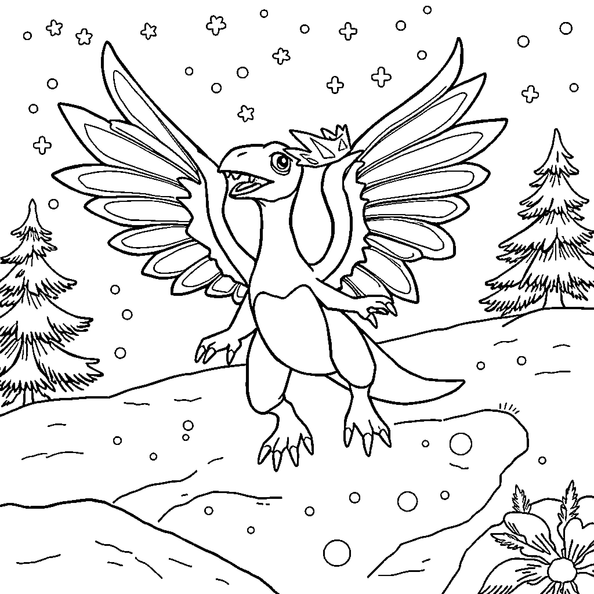 Pterodactyl soaring through a winter wonderland Coloring Page (free black-and-white line drawing printable PDF for all, from beginners to advanced learners, including children, teens, adults, and seniors)