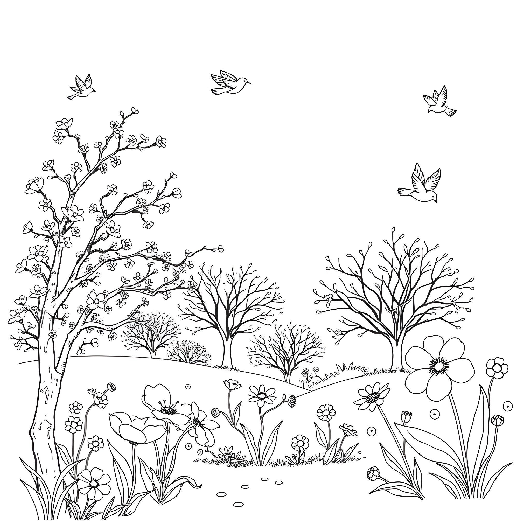 Spring scene with birds and blossoming trees Coloring Page (free black-and-white line drawing printable PDF for all, from beginners to advanced learners, including children, teens, adults, and seniors)