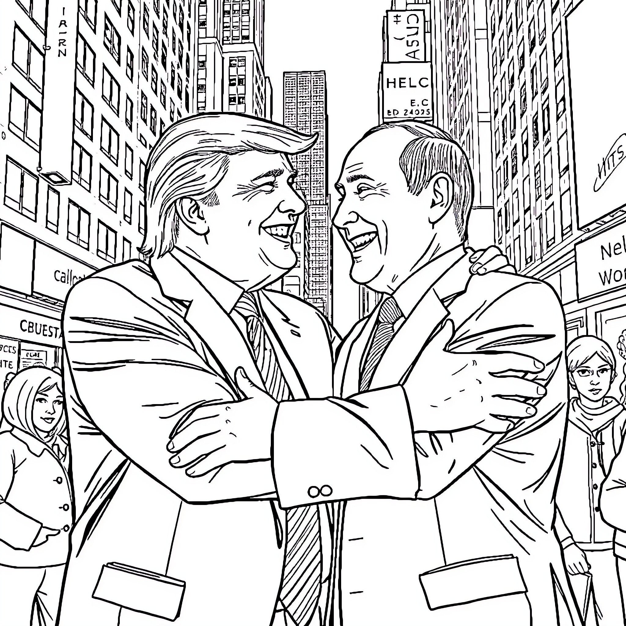 Donald Trump and Joe Biden Shaking Hands in NYC Coloring Page (free black-and-white line drawing printable PDF for all, from beginners to advanced learners, including children, teens, adults, and seniors)
