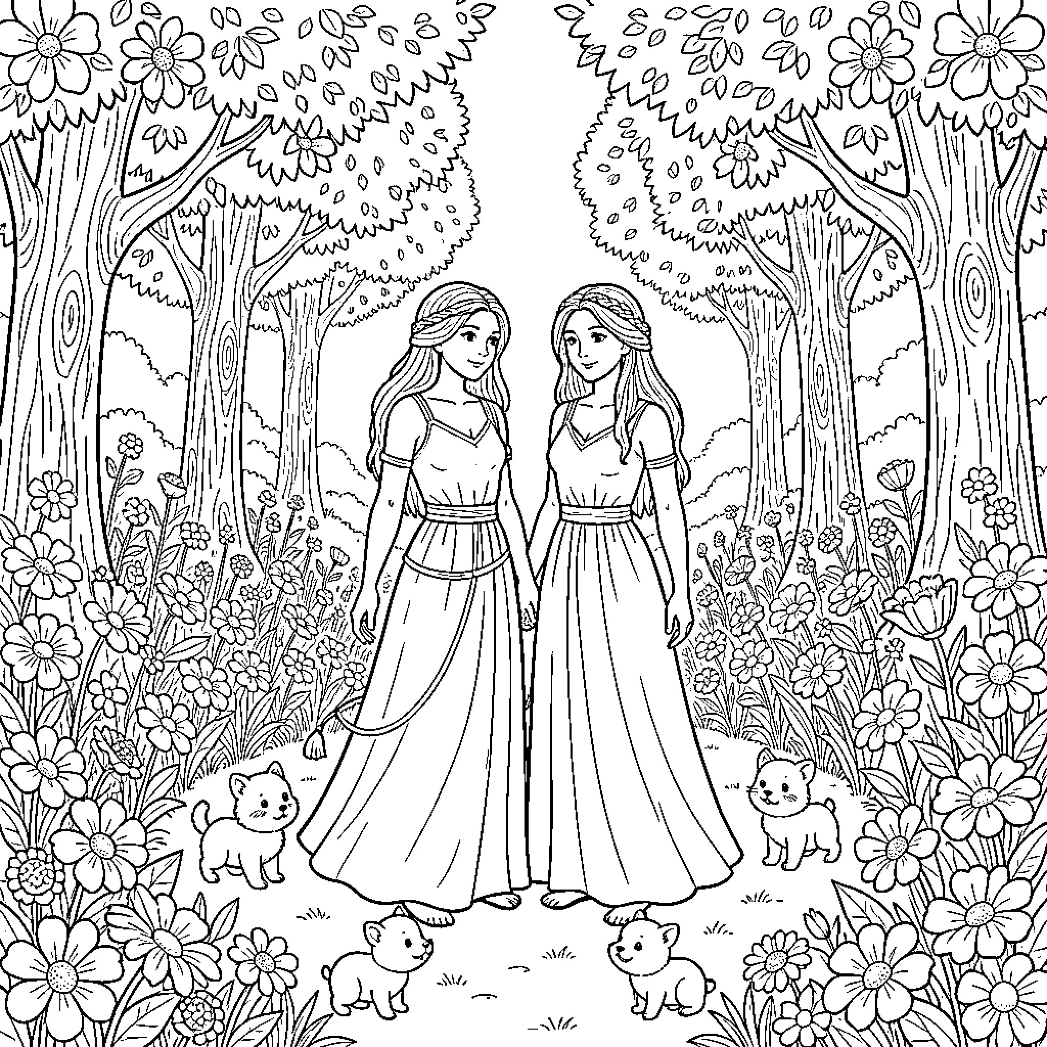 Adam and Eve walking through a flowery forest Coloring Page (free black-and-white line drawing printable PDF for all, from beginners to advanced learners, including children, teens, adults, and seniors)
