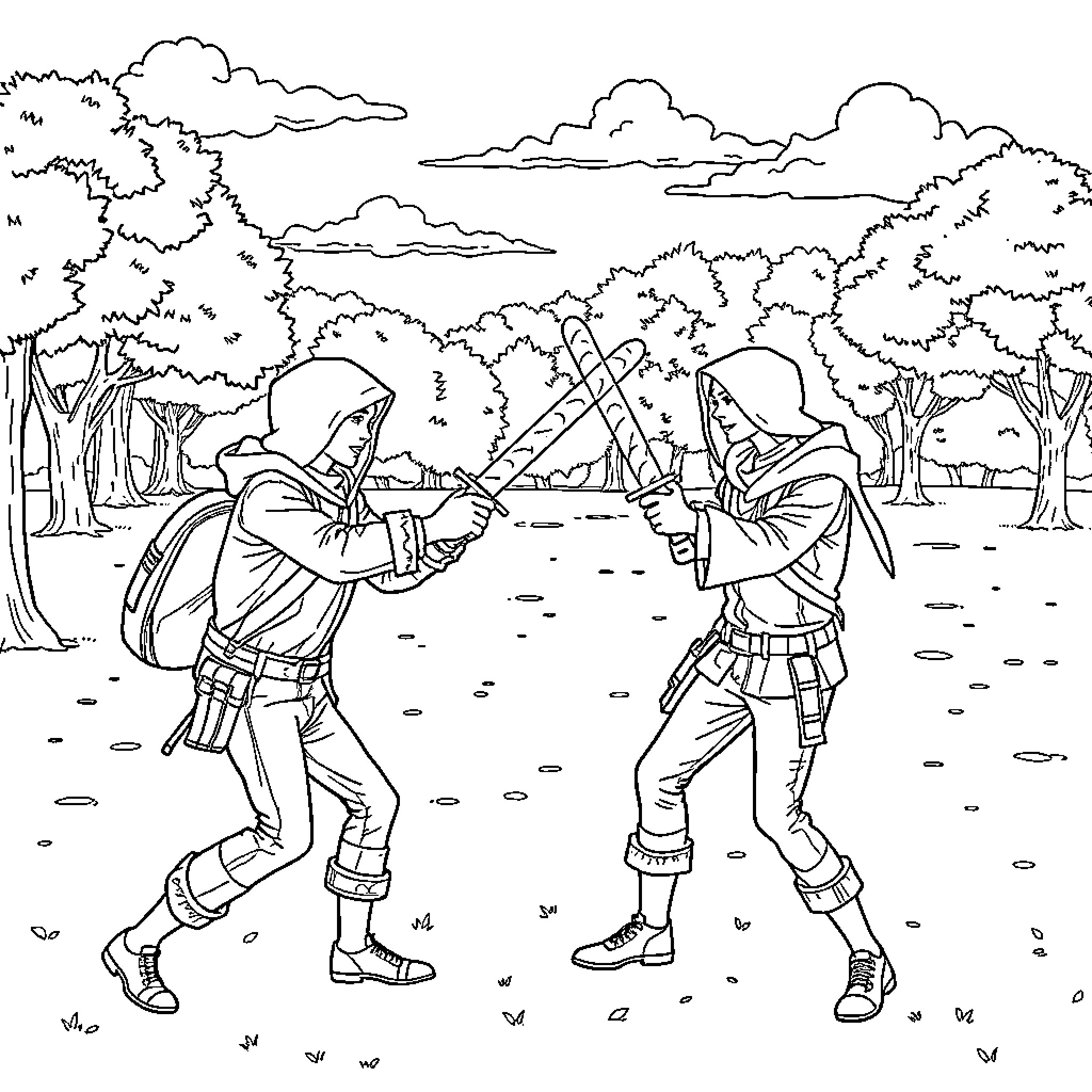 Sword Duel in the Forest Clearing Coloring Page (free black-and-white line drawing printable PDF for all, from beginners to advanced learners, including children, teens, adults, and seniors)