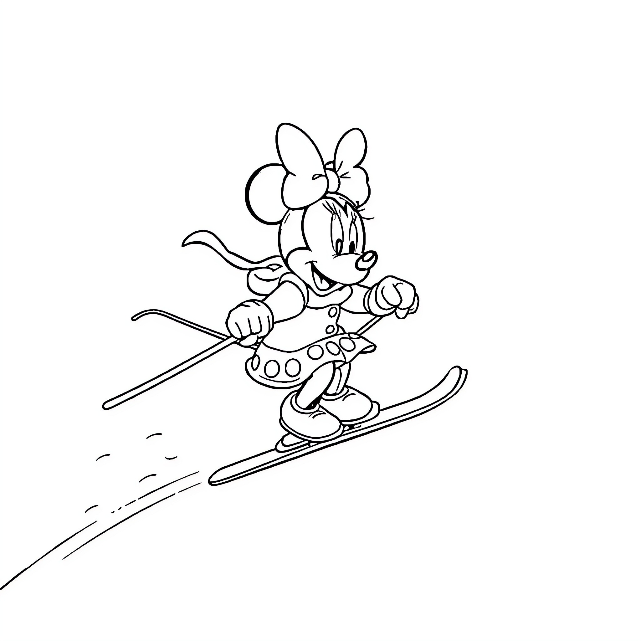 Minnie Mouse skiing down a snowy slope Coloring Page (free black-and-white line drawing printable PDF for all, from beginners to advanced learners, including children, teens, adults, and seniors)