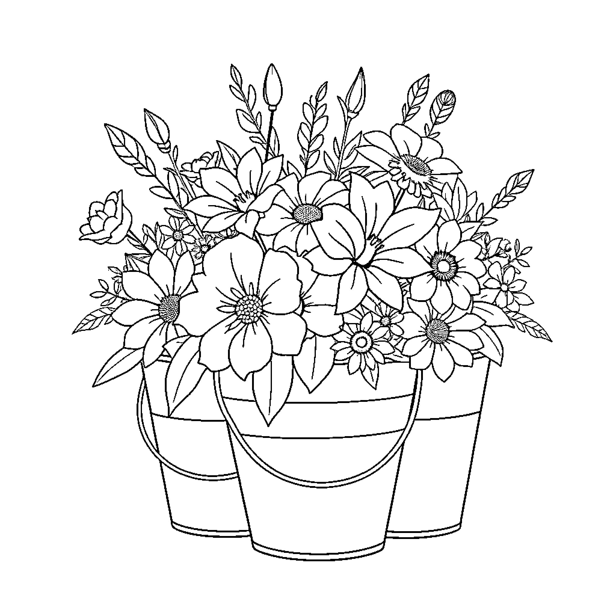 Bouquet of Vibrant Floral Arrangement Coloring Page (free black-and-white line drawing printable PDF for all, from beginners to advanced learners, including children, teens, adults, and seniors)