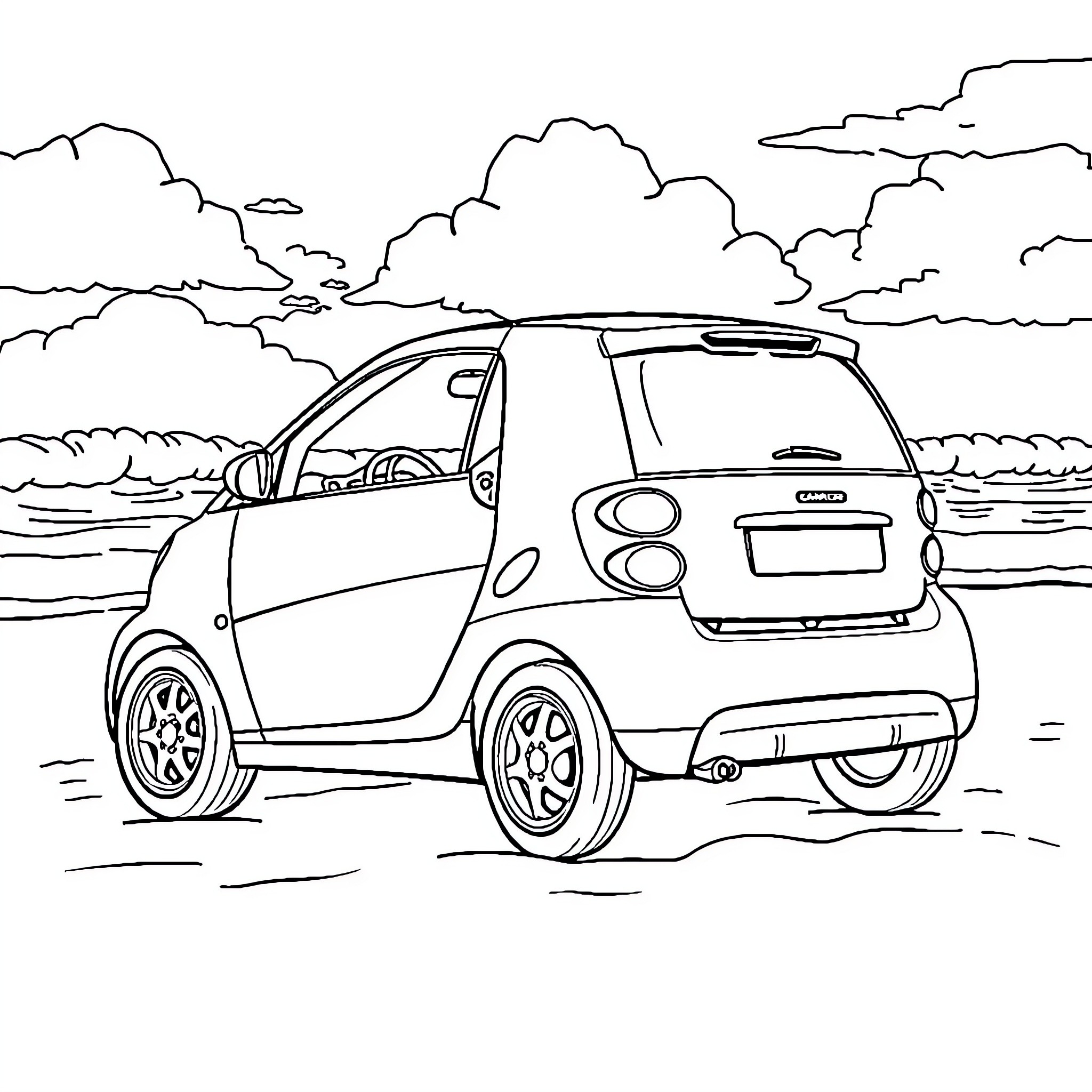 Car driving on a scenic landscape Coloring Page (free black-and-white line drawing printable PDF for all, from beginners to advanced learners, including children, teens, adults, and seniors)