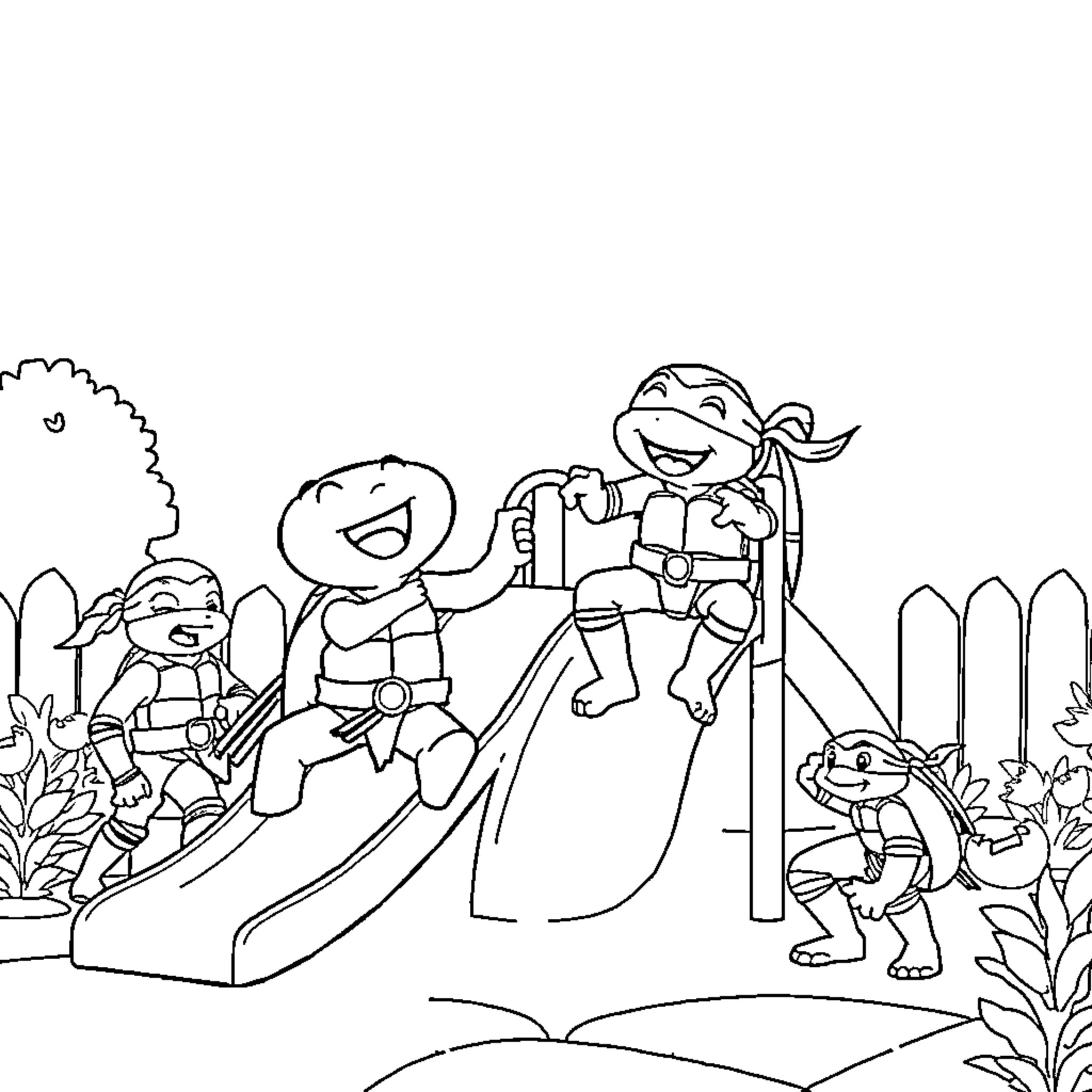 Bluey and friends play joyfully on slide Coloring Page (free black-and-white line drawing printable PDF for all, from beginners to advanced learners, including children, teens, adults, and seniors)