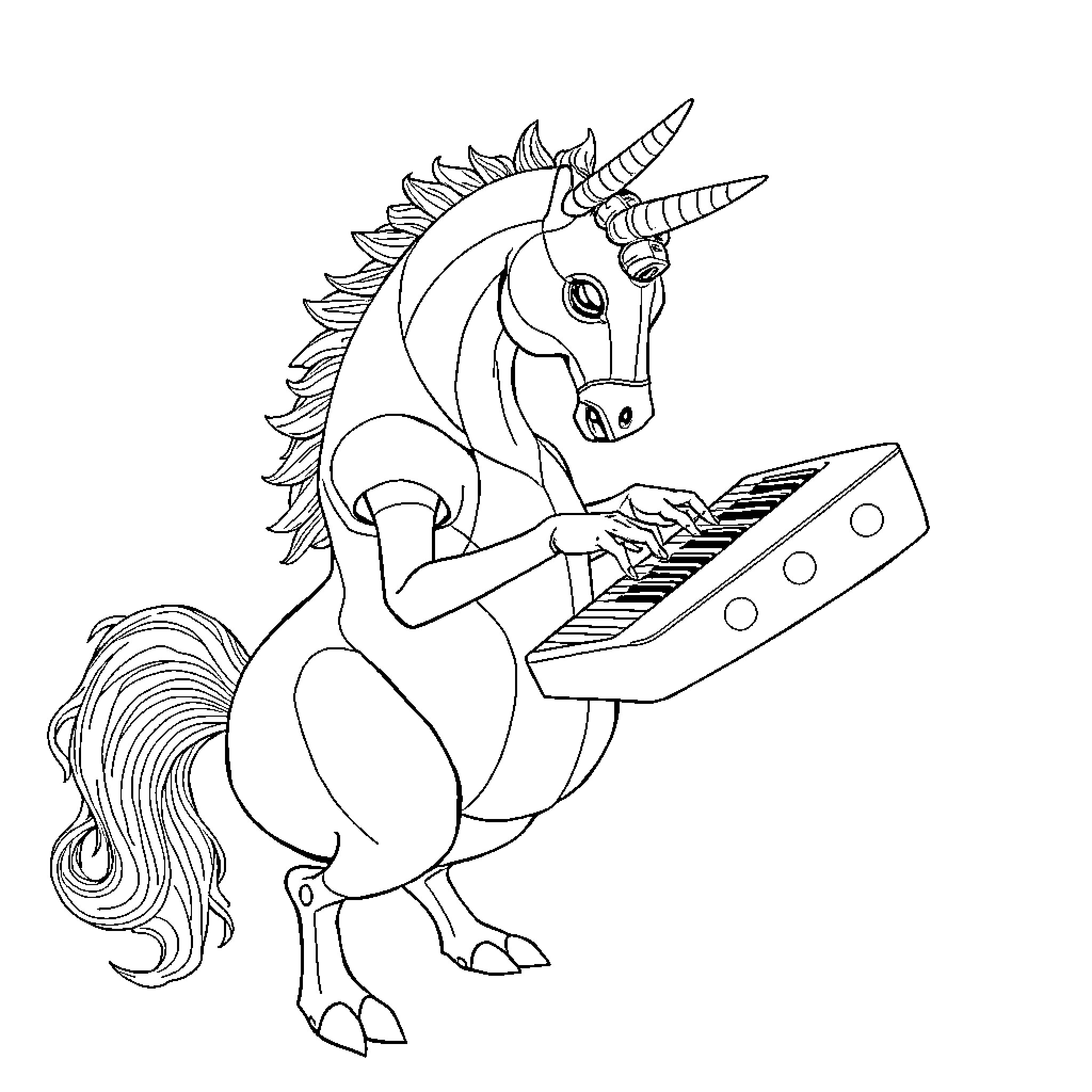 Brainrot unicorn playing on a keyboard Coloring Page (free black-and-white line drawing printable PDF for all, from beginners to advanced learners, including children, teens, adults, and seniors)
