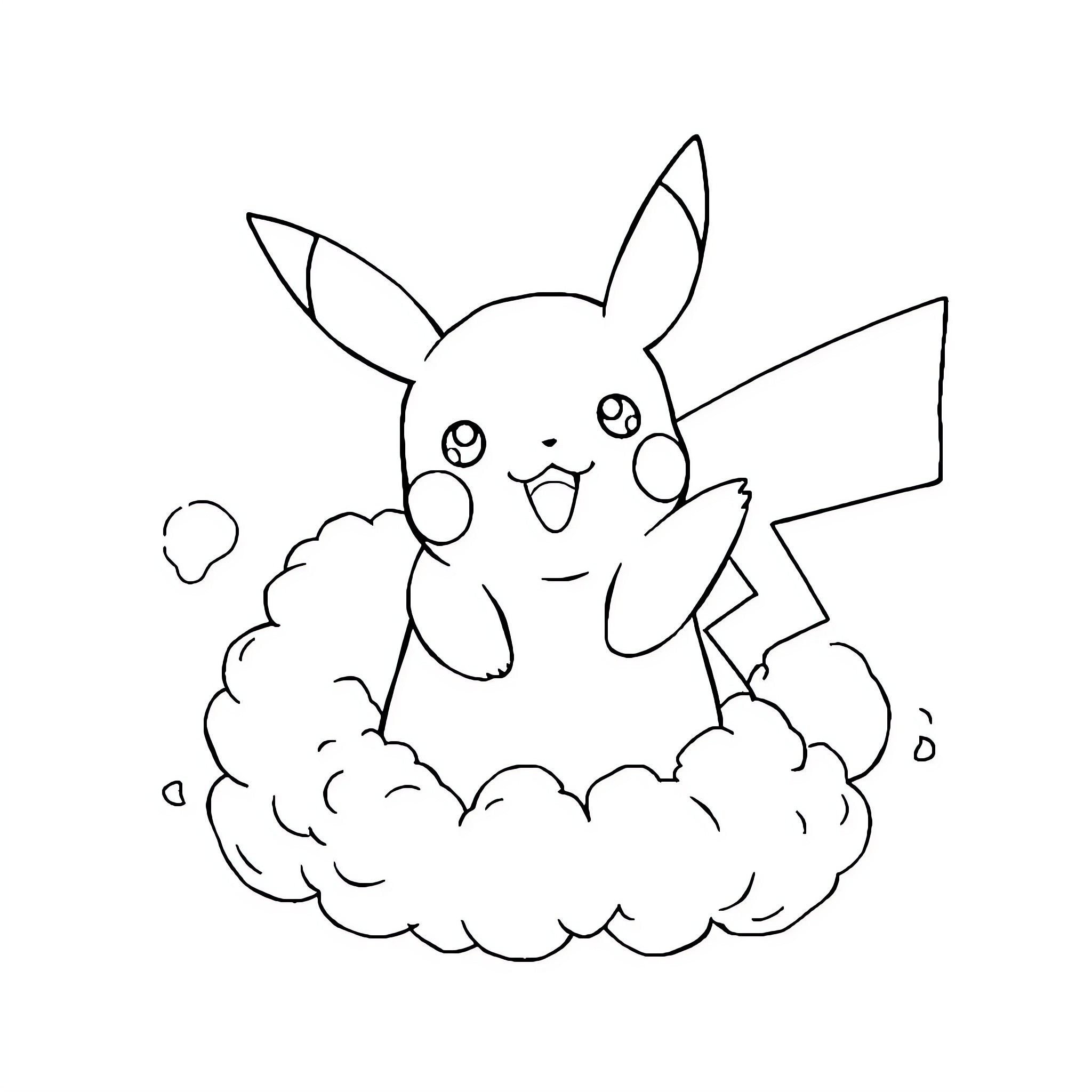 Pikachu frolicking on a cloud Coloring Page (free black-and-white line drawing printable PDF for all, from beginners to advanced learners, including children, teens, adults, and seniors)