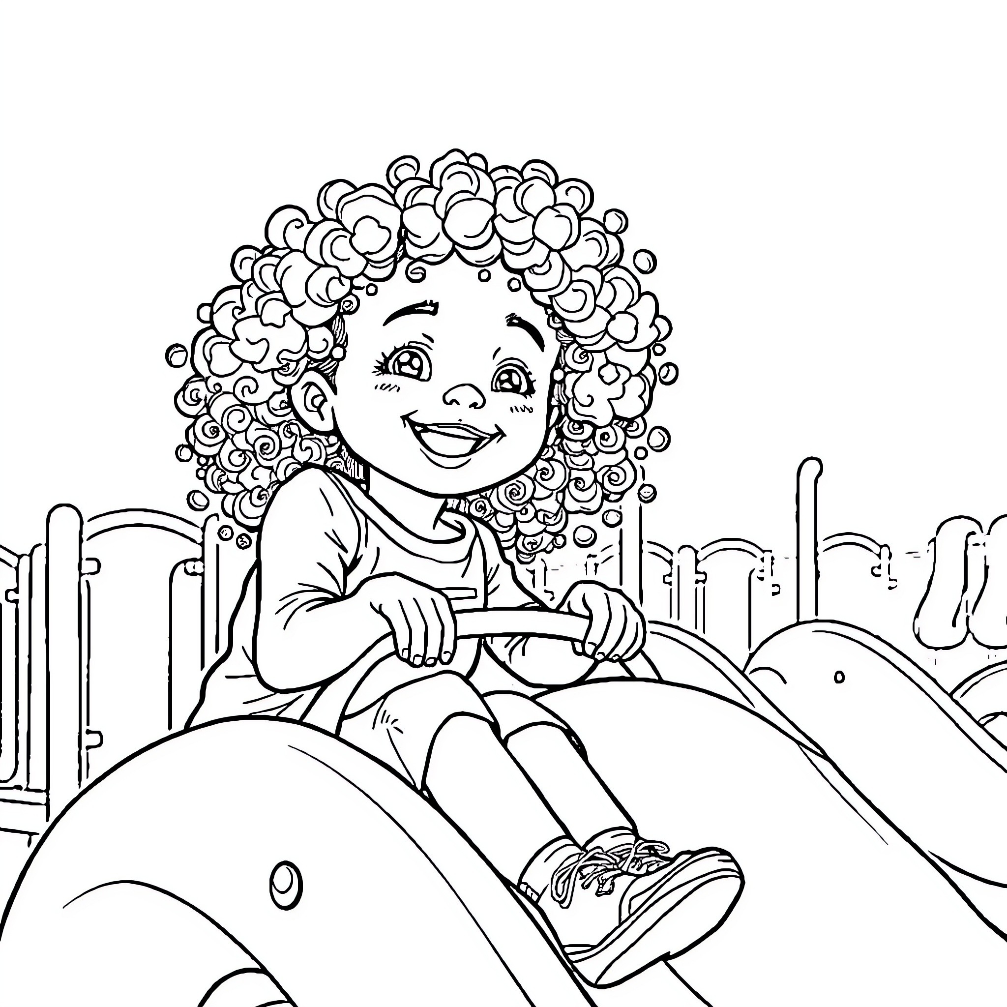 Girl playing happily on playground equipment Coloring Page (free black-and-white line drawing printable PDF for all, from beginners to advanced learners, including children, teens, adults, and seniors)