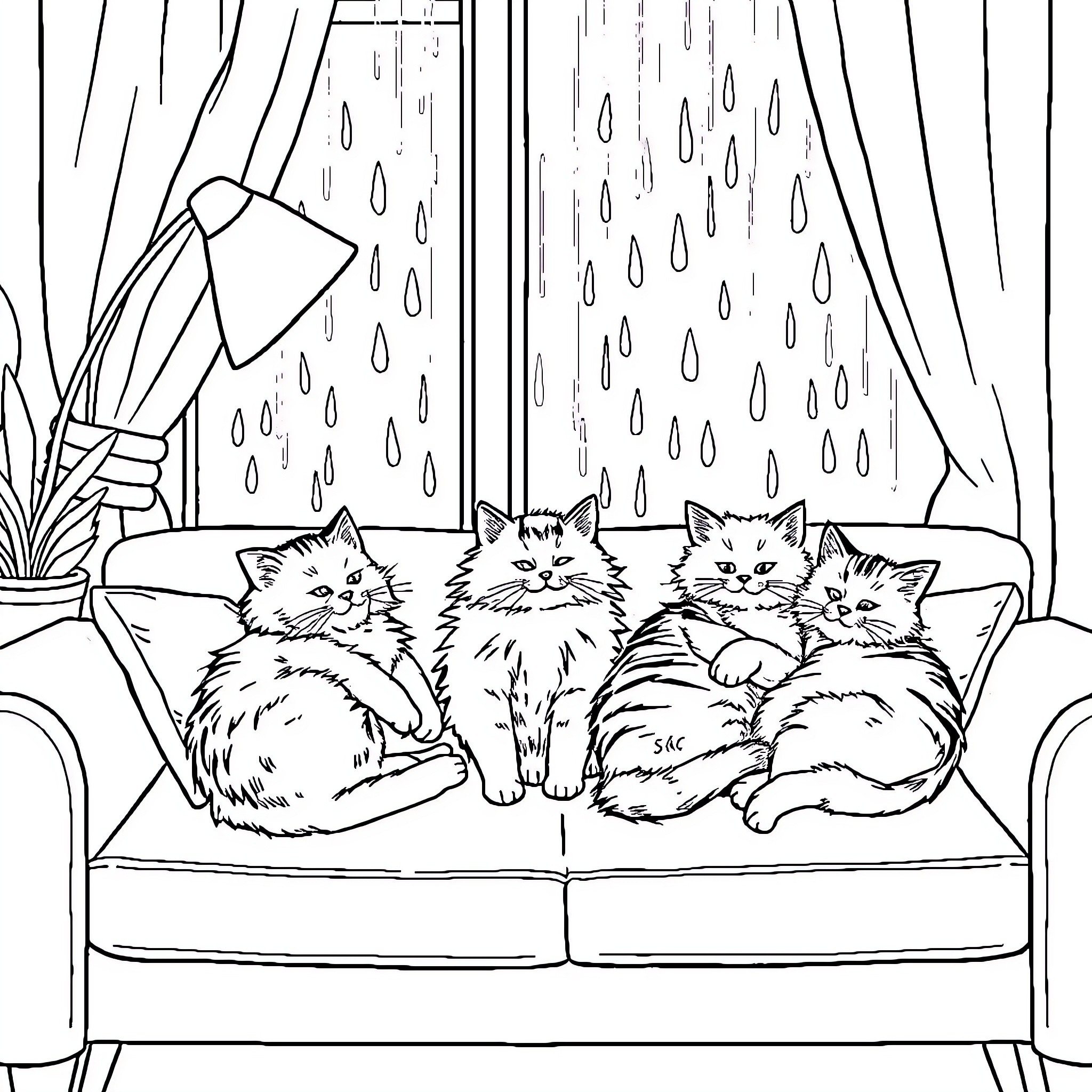 Cat cozy on couch during rainy day Coloring Page (free black-and-white line drawing printable PDF for all, from beginners to advanced learners, including children, teens, adults, and seniors)