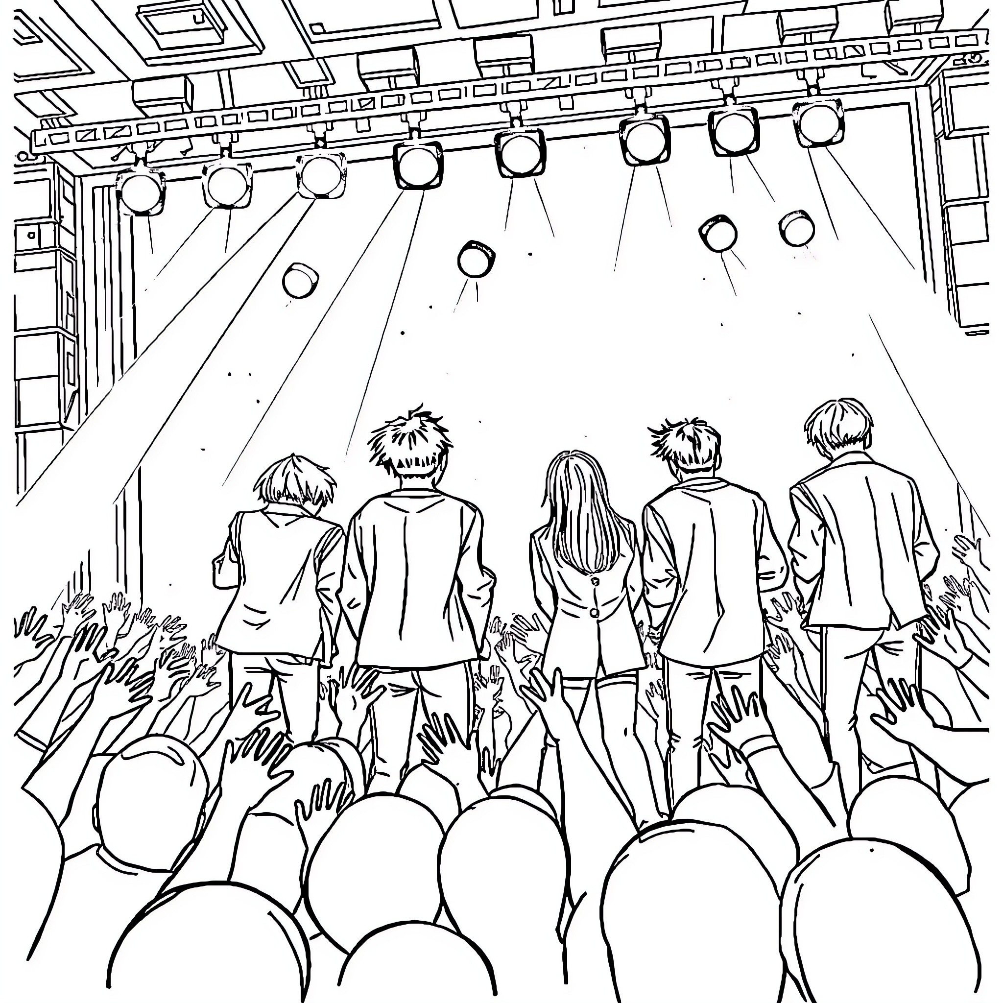 Kpop performers on stage entertaining the crowd Coloring Page (free black-and-white line drawing printable PDF for all, from beginners to advanced learners, including children, teens, adults, and seniors)