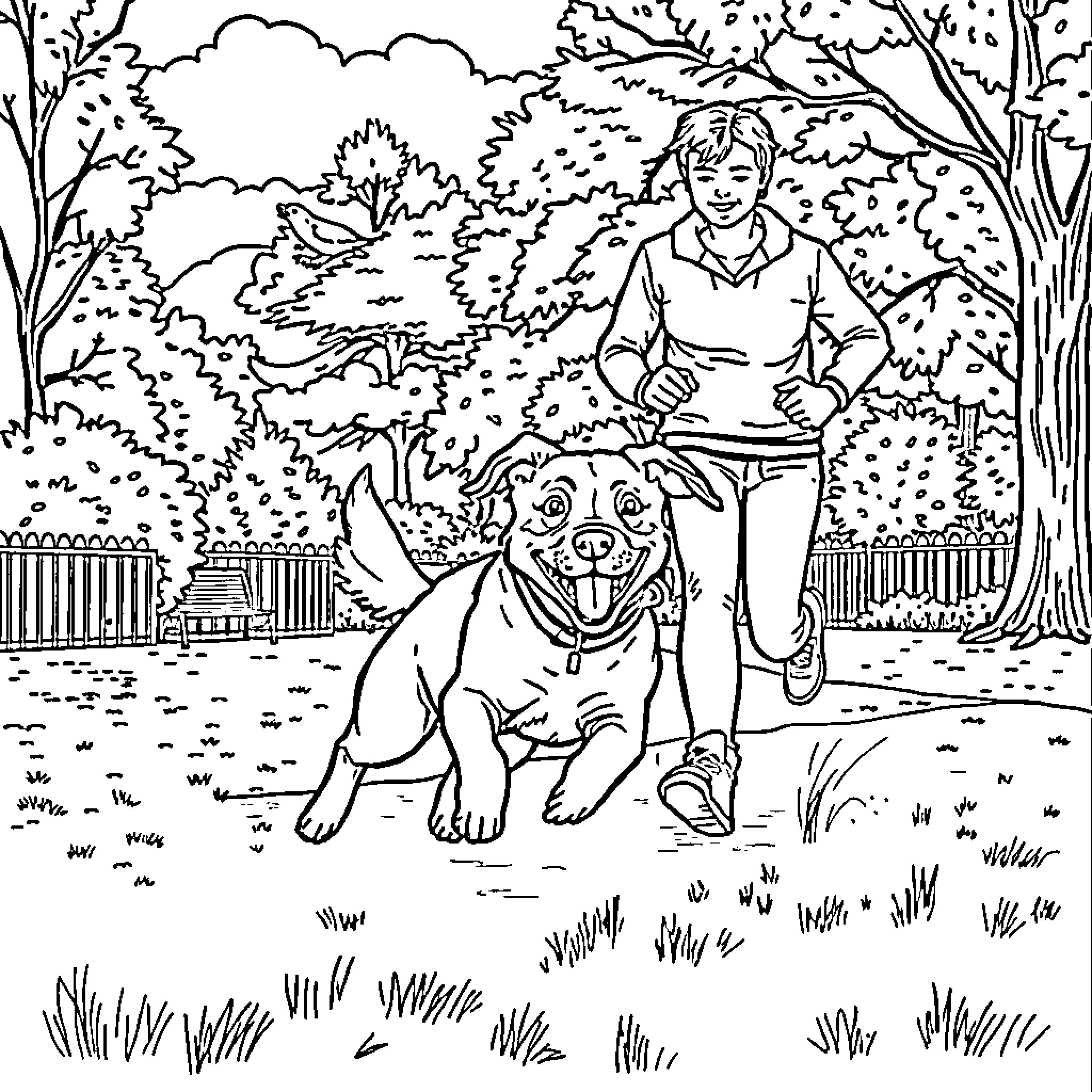 Dog walking with owner in park Coloring Page (free black-and-white line drawing printable PDF for all, from beginners to advanced learners, including children, teens, adults, and seniors)