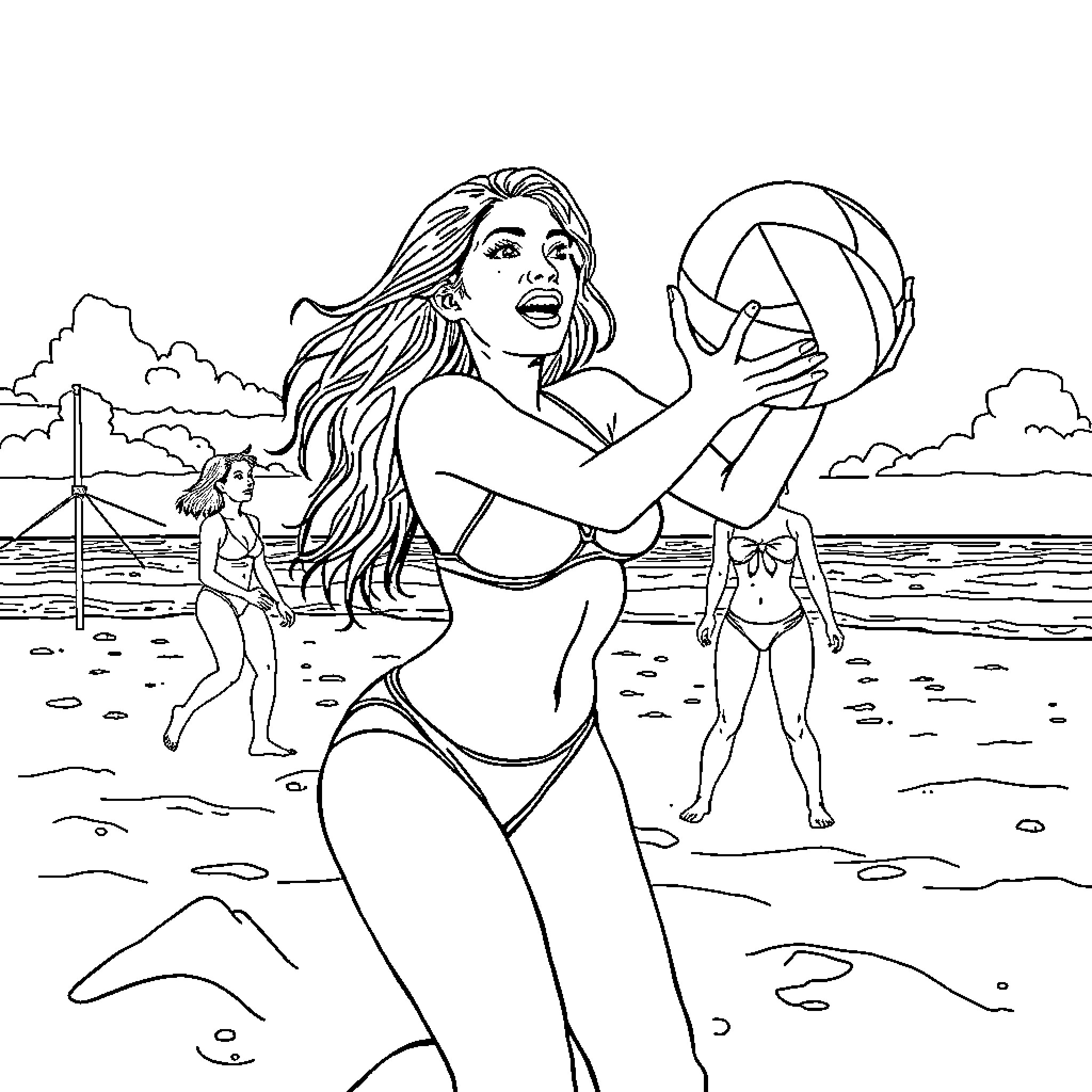 Gianna Michaels playing volleyball on the beach Coloring Page (free black-and-white line drawing printable PDF for all, from beginners to advanced learners, including children, teens, adults, and seniors)