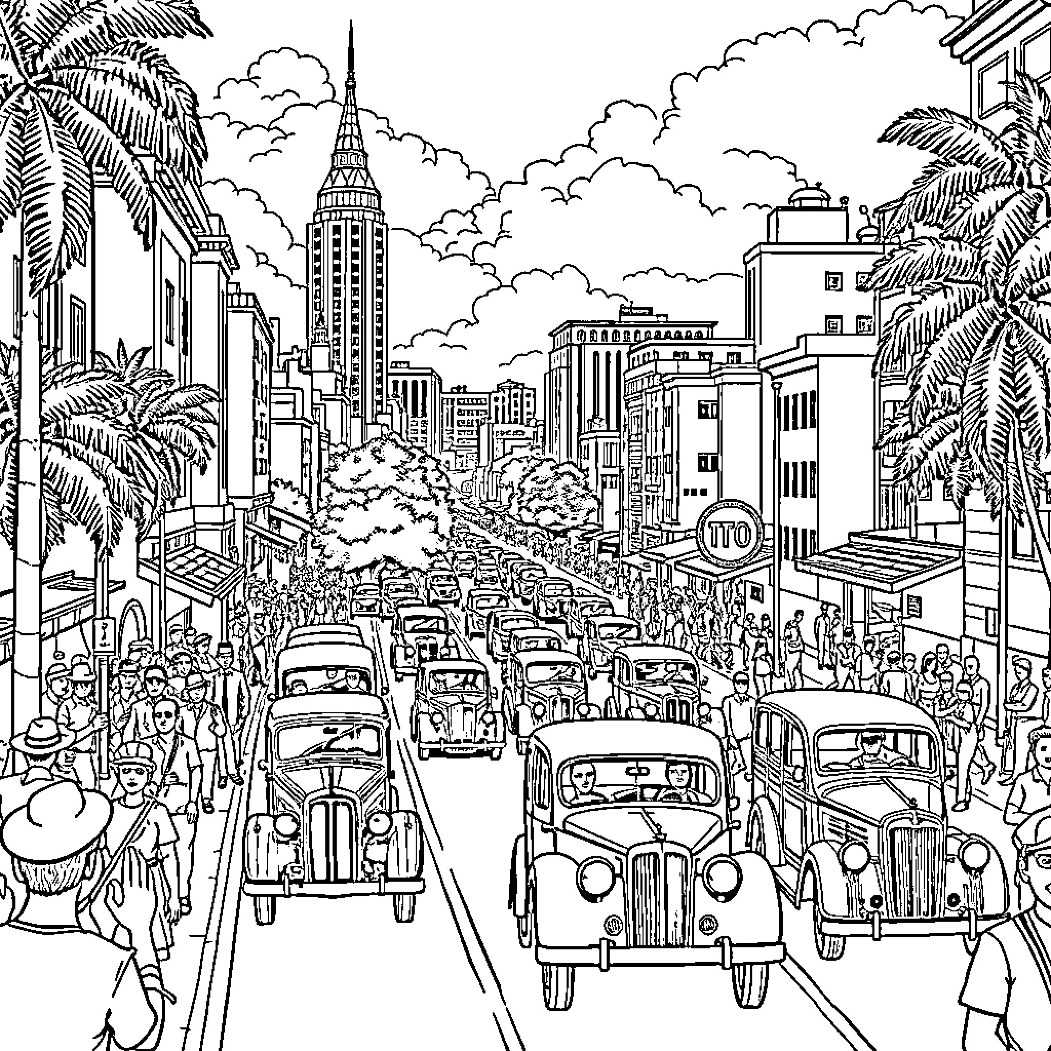 Nairobi's bustling city life with diverse vehicles and people Coloring Page (free black-and-white line drawing printable PDF for all, from beginners to advanced learners, including children, teens, adults, and seniors)