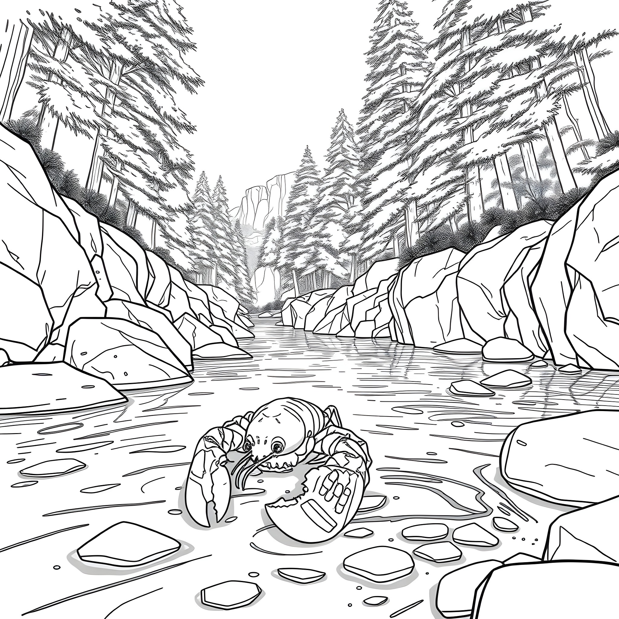 Lobster resting in the snowy forest stream Coloring Page (free black-and-white line drawing printable PDF for all, from beginners to advanced learners, including children, teens, adults, and seniors)