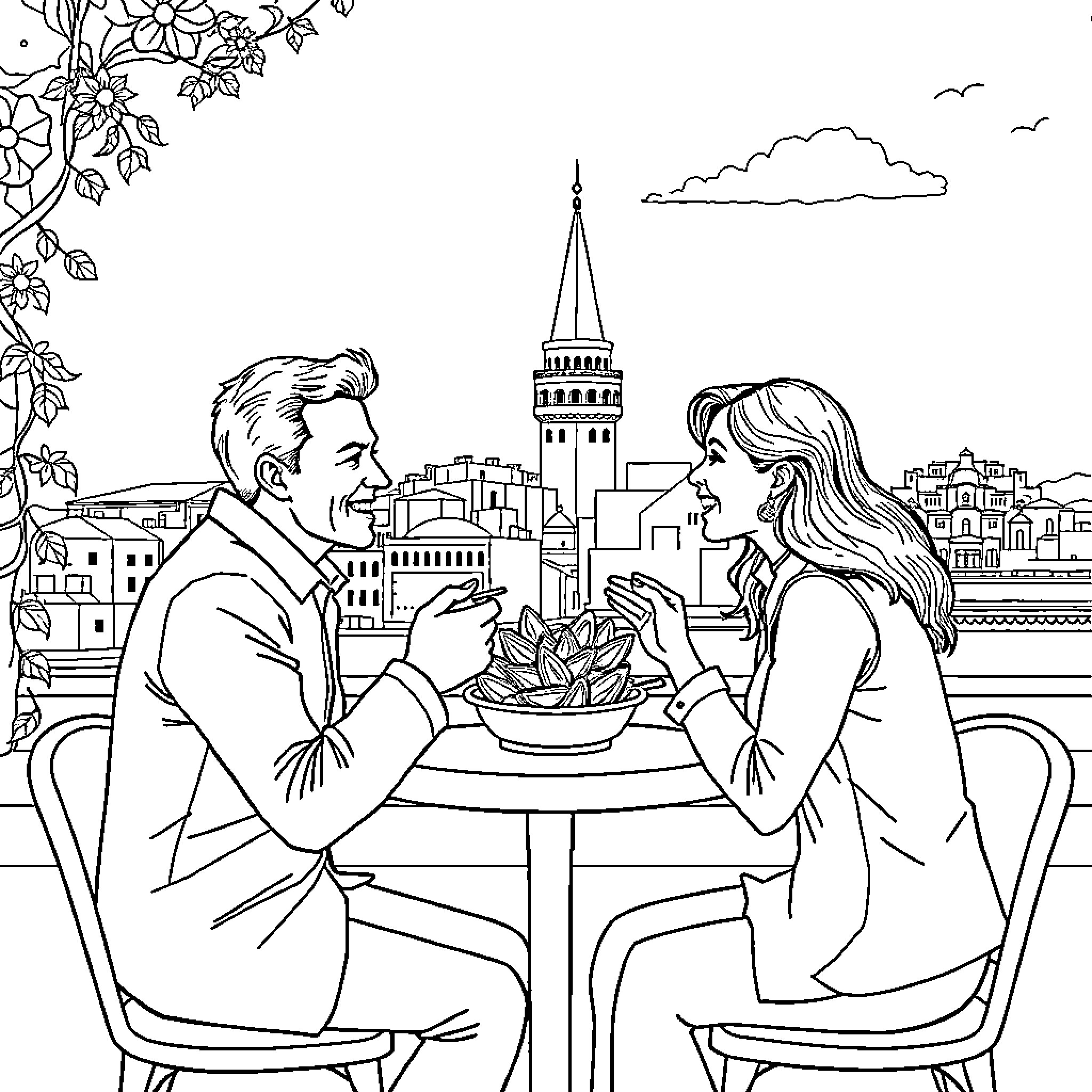 Couple Enjoying Meal with City View Coloring Page (free black-and-white line drawing printable PDF for all, from beginners to advanced learners, including children, teens, adults, and seniors)