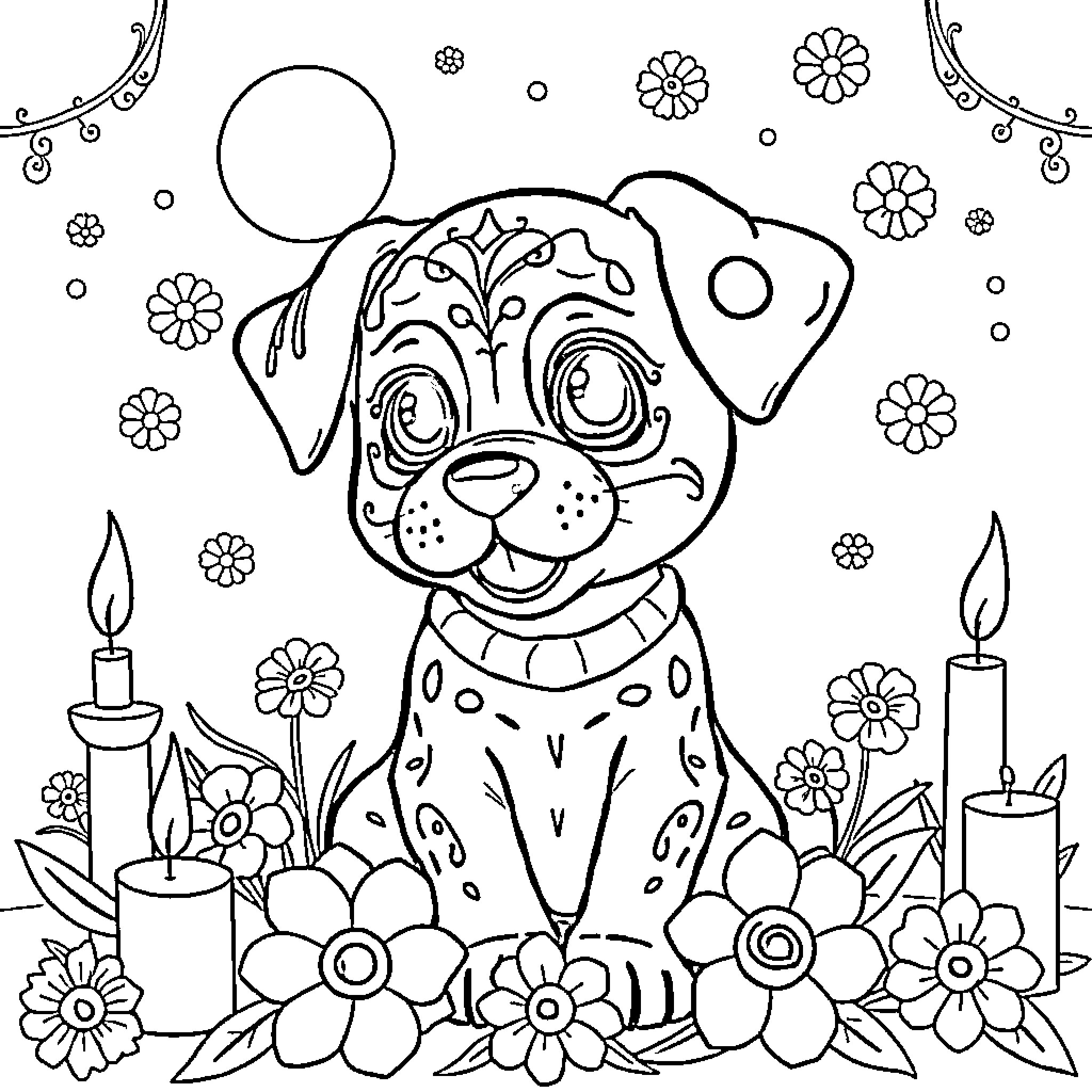 Puppy surrounded by flowers and candles Coloring Page (free black-and-white line drawing printable PDF for all, from beginners to advanced learners, including children, teens, adults, and seniors)