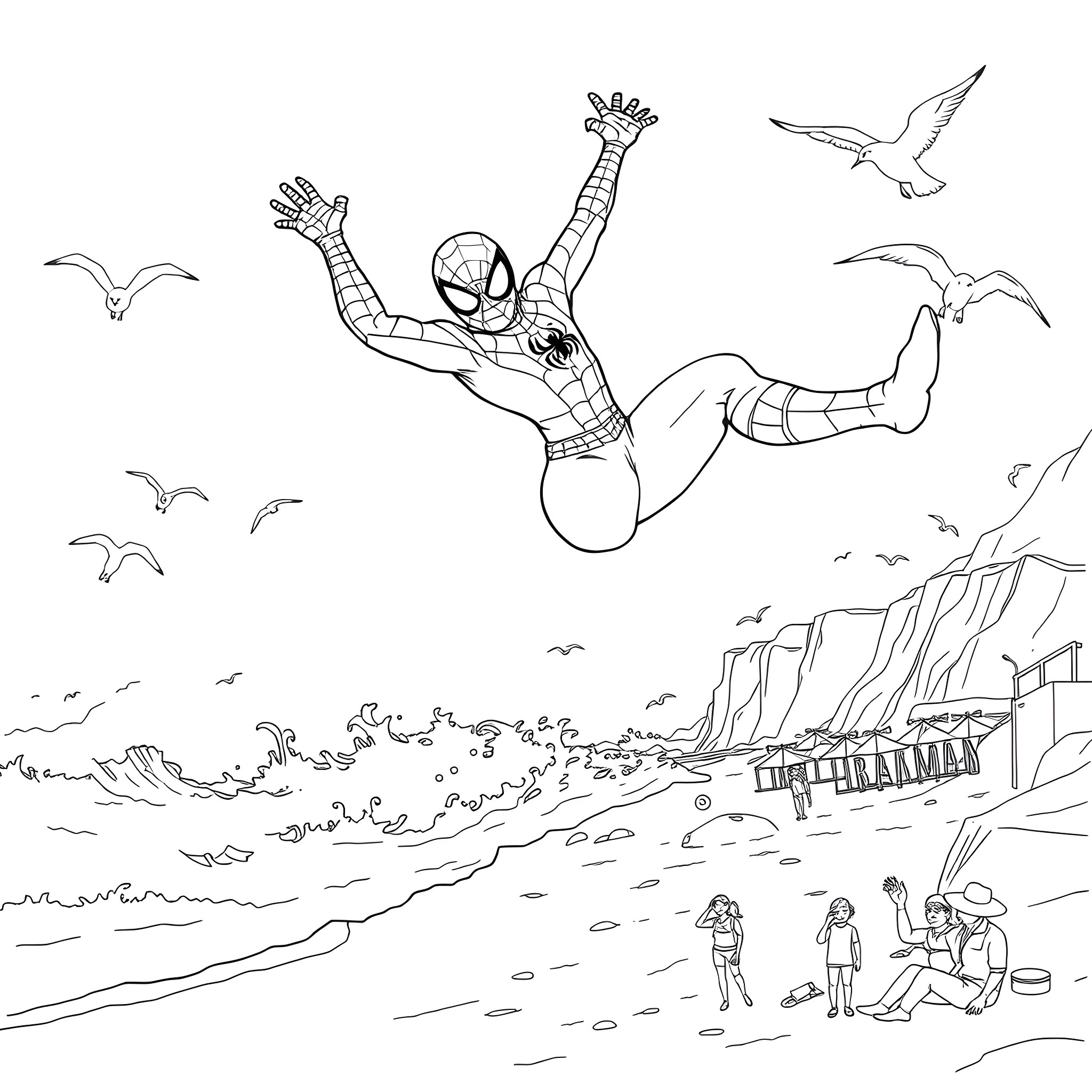 Spiderman swinging heroically with seagulls in the sky Coloring Page (free black-and-white line drawing printable PDF for all, from beginners to advanced learners, including children, teens, adults, and seniors)