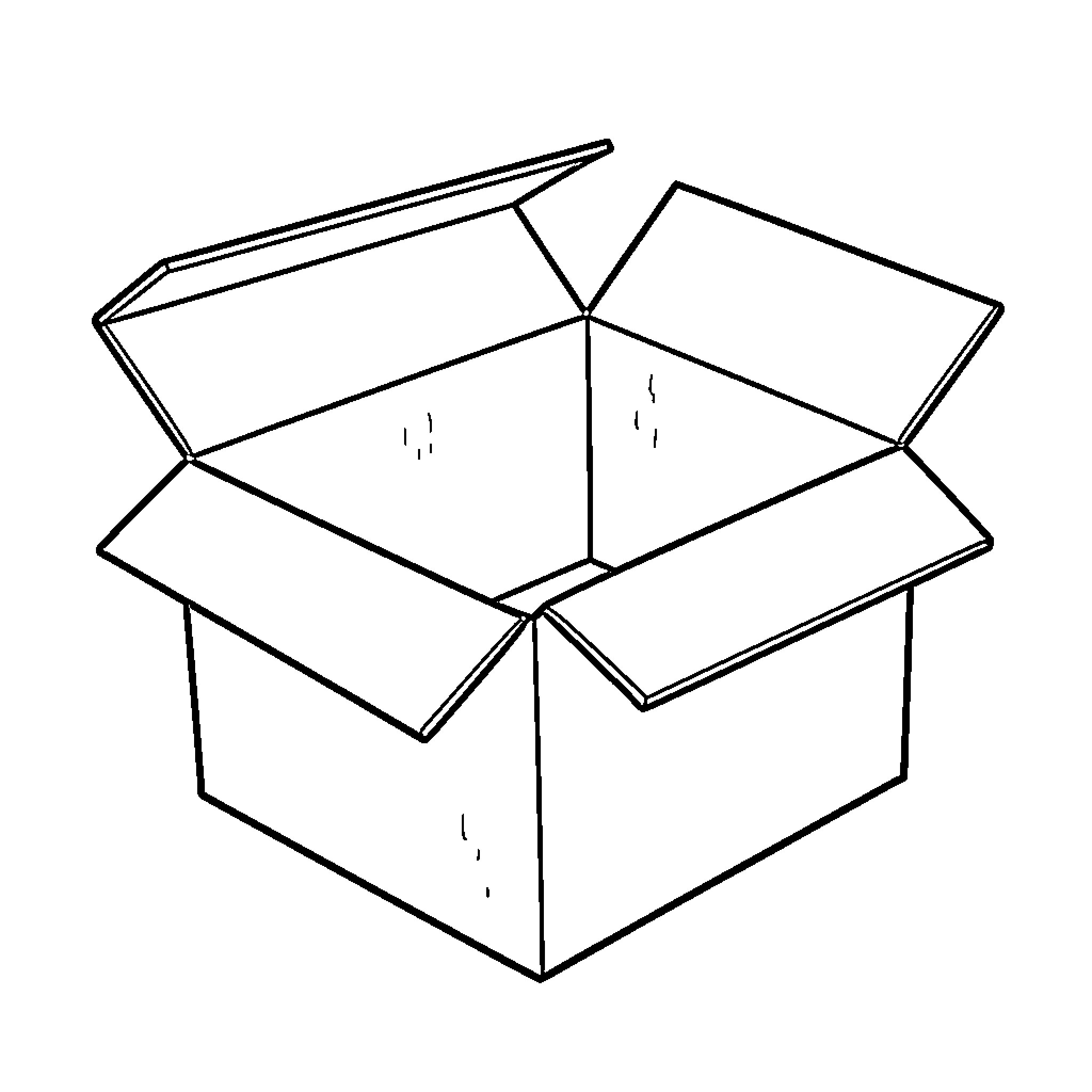 Opened cardboard box with flaps Coloring Page (free black-and-white line drawing printable PDF for all, from beginners to advanced learners, including children, teens, adults, and seniors)
