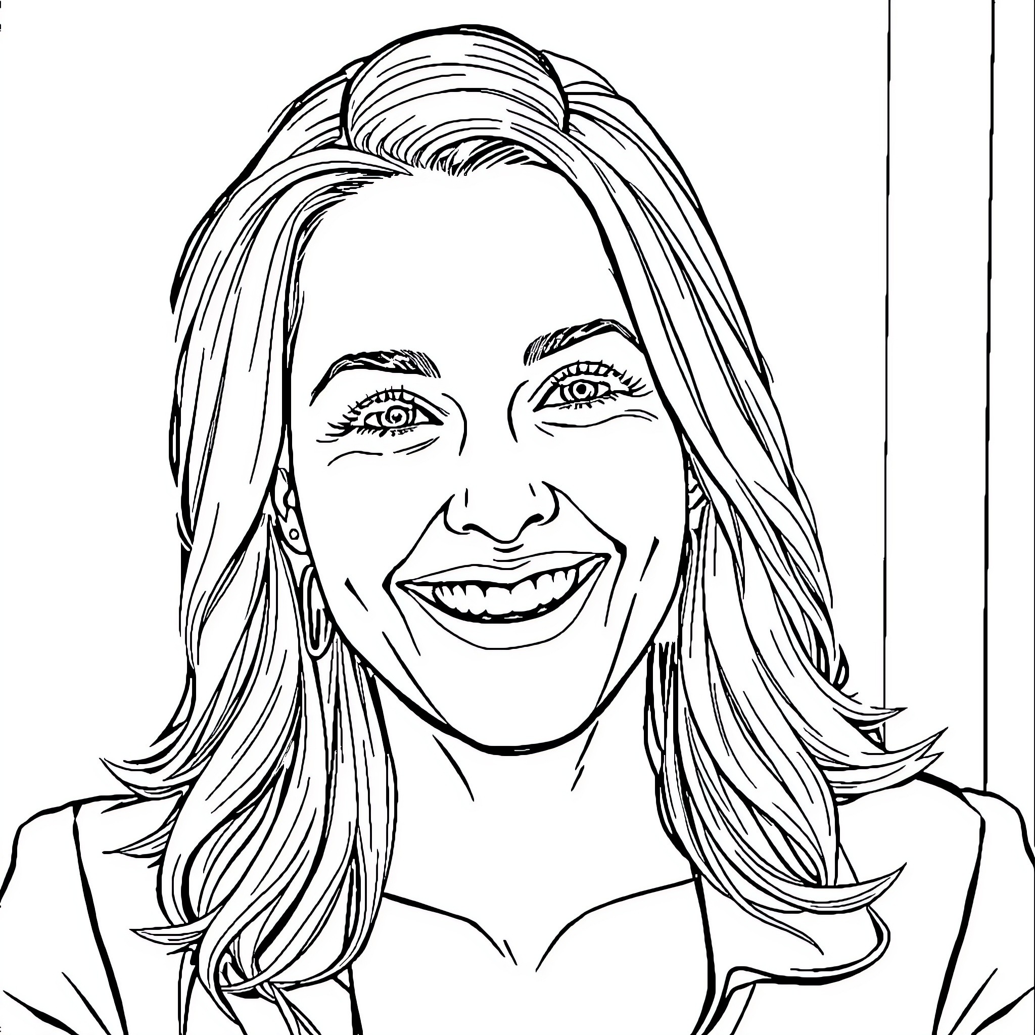 Eva Cudmore's joyful portrait Coloring Page (free black-and-white line drawing printable PDF for all, from beginners to advanced learners, including children, teens, adults, and seniors)