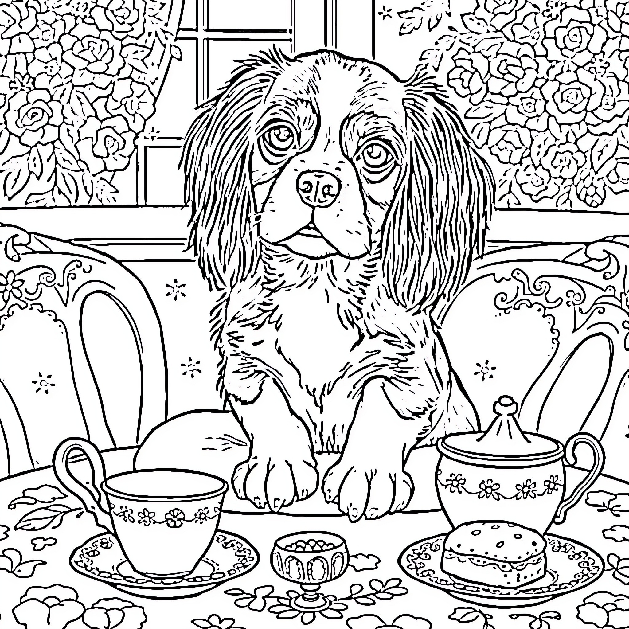 Cavalier King Charles Spaniel having tea with friends Coloring Page (free black-and-white line drawing printable PDF for all, from beginners to advanced learners, including children, teens, adults, and seniors)