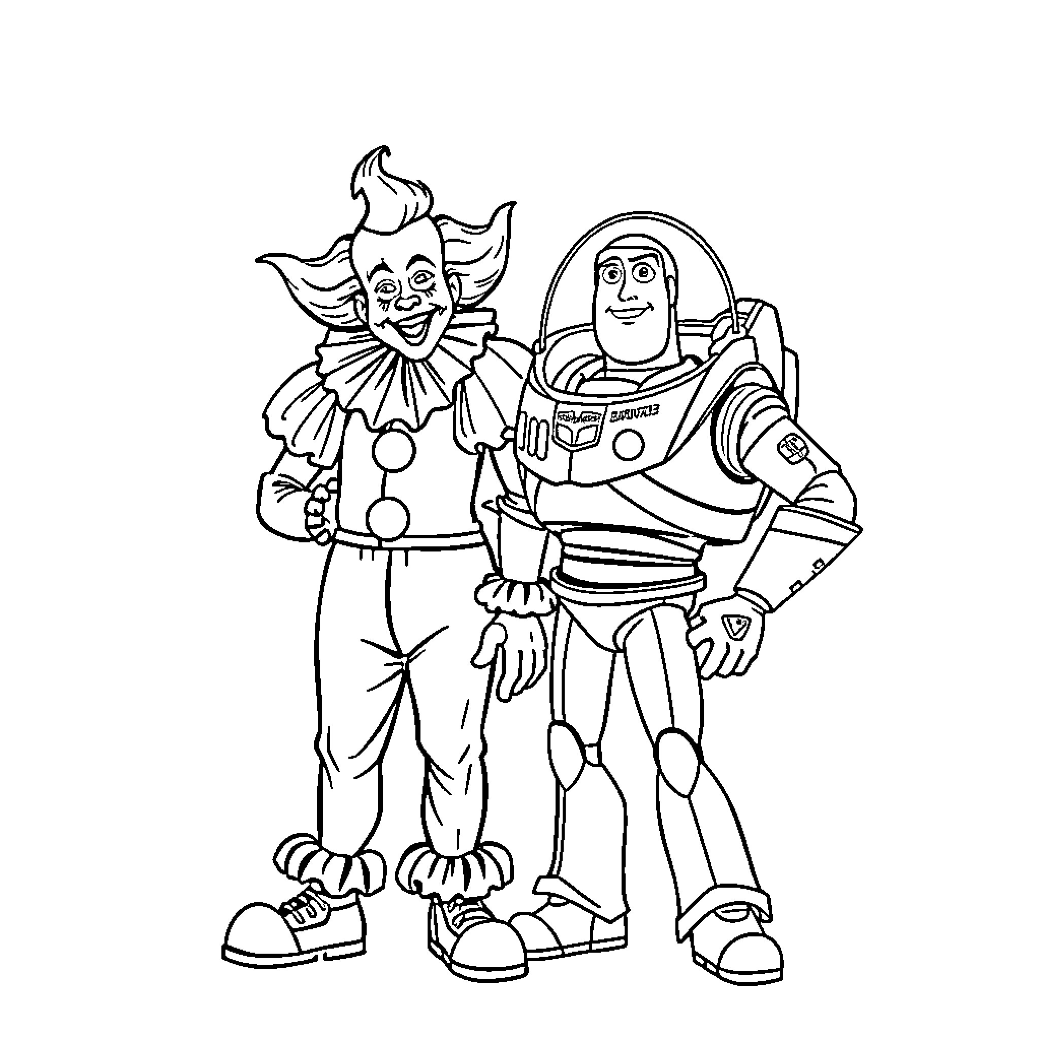 Pennywise and Buzz Lightyear: An Unusual Pair Coloring Page (free black-and-white line drawing printable PDF for all, from beginners to advanced learners, including children, teens, adults, and seniors)
