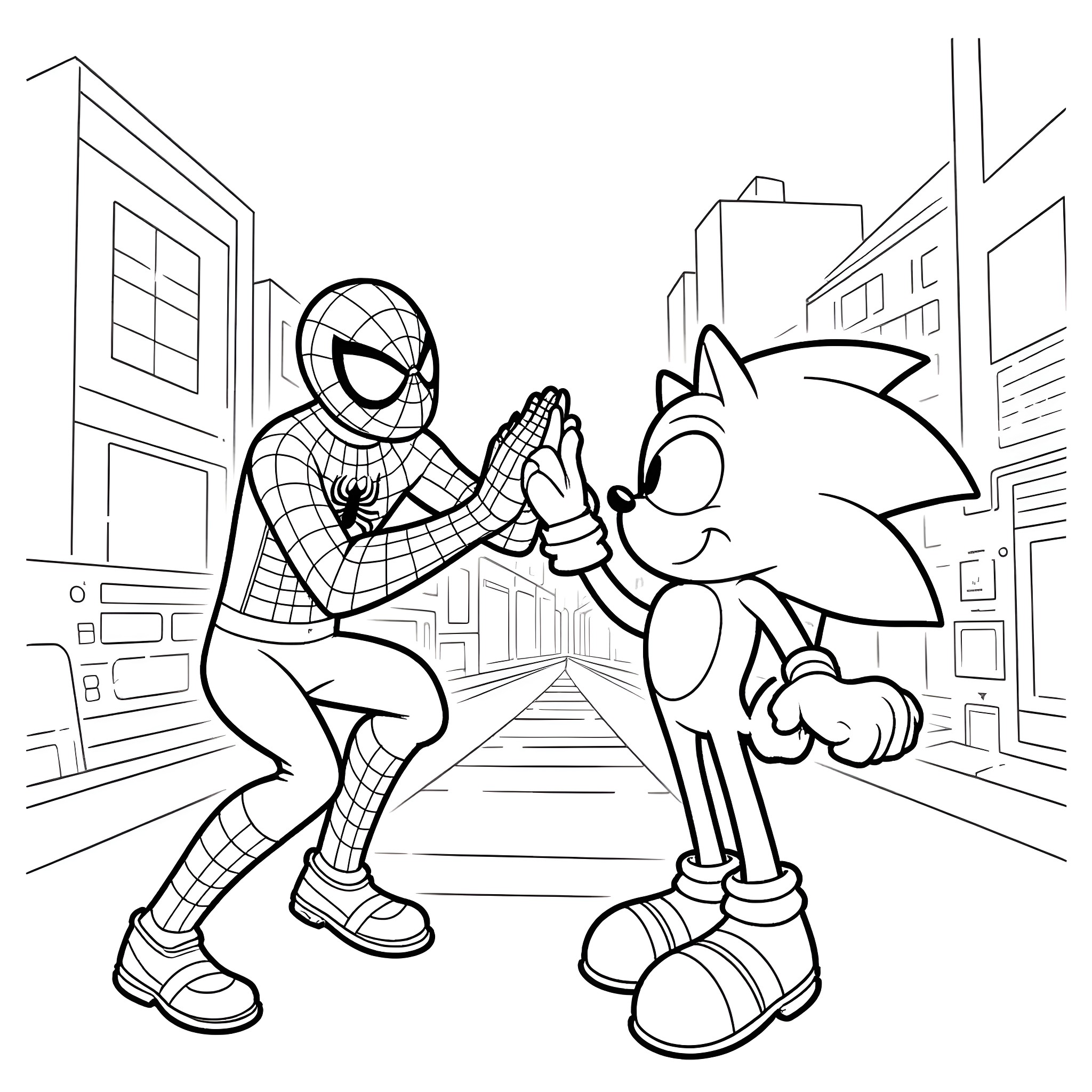 Spiderman and Sonic the Hedgehog shake hands in the city Coloring Page (free black-and-white line drawing printable PDF for all, from beginners to advanced learners, including children, teens, adults, and seniors)