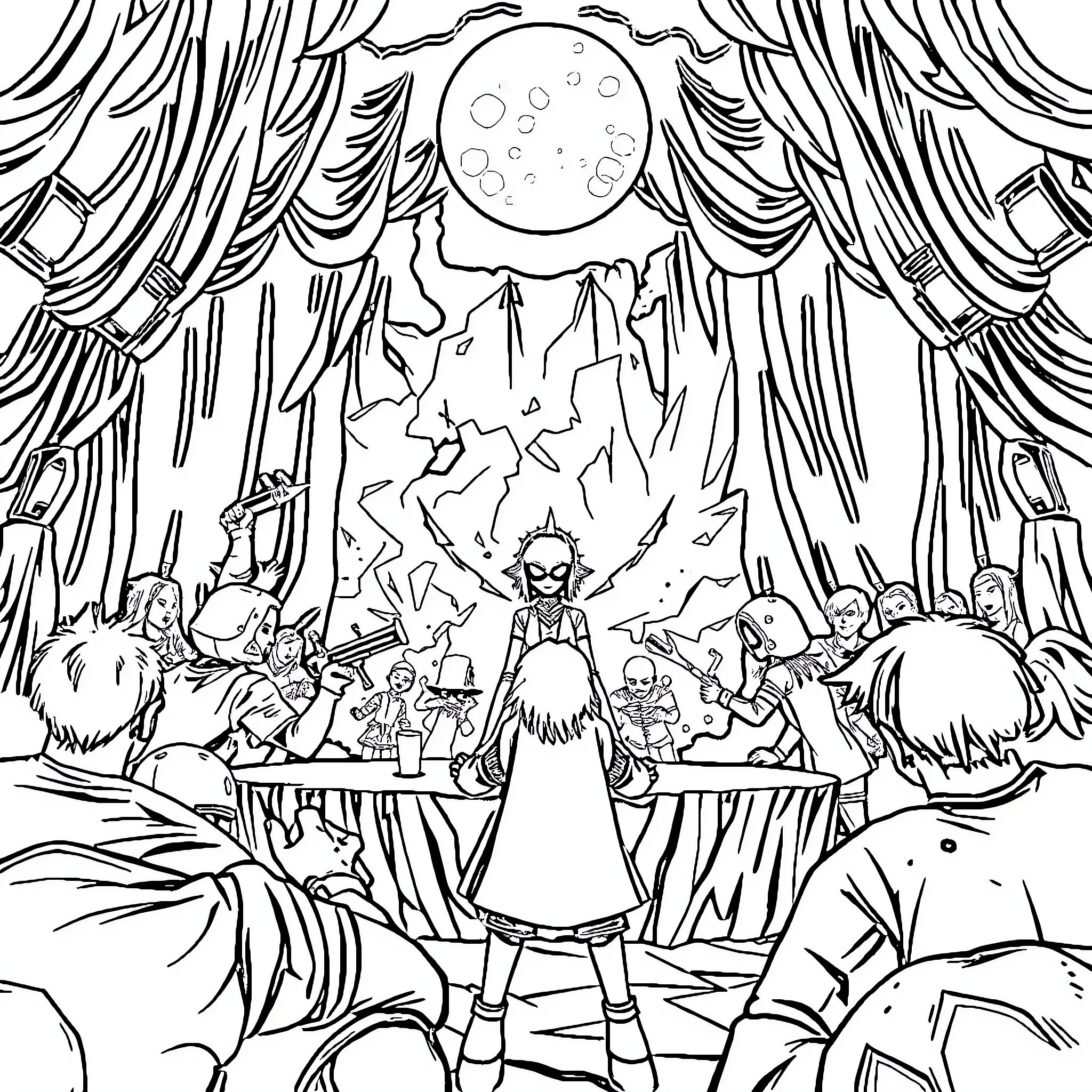 Squid Game - Theatrical Performance in the Eerie Moonlight Coloring Page (free black-and-white line drawing printable PDF for all, from beginners to advanced learners, including children, teens, adults, and seniors)
