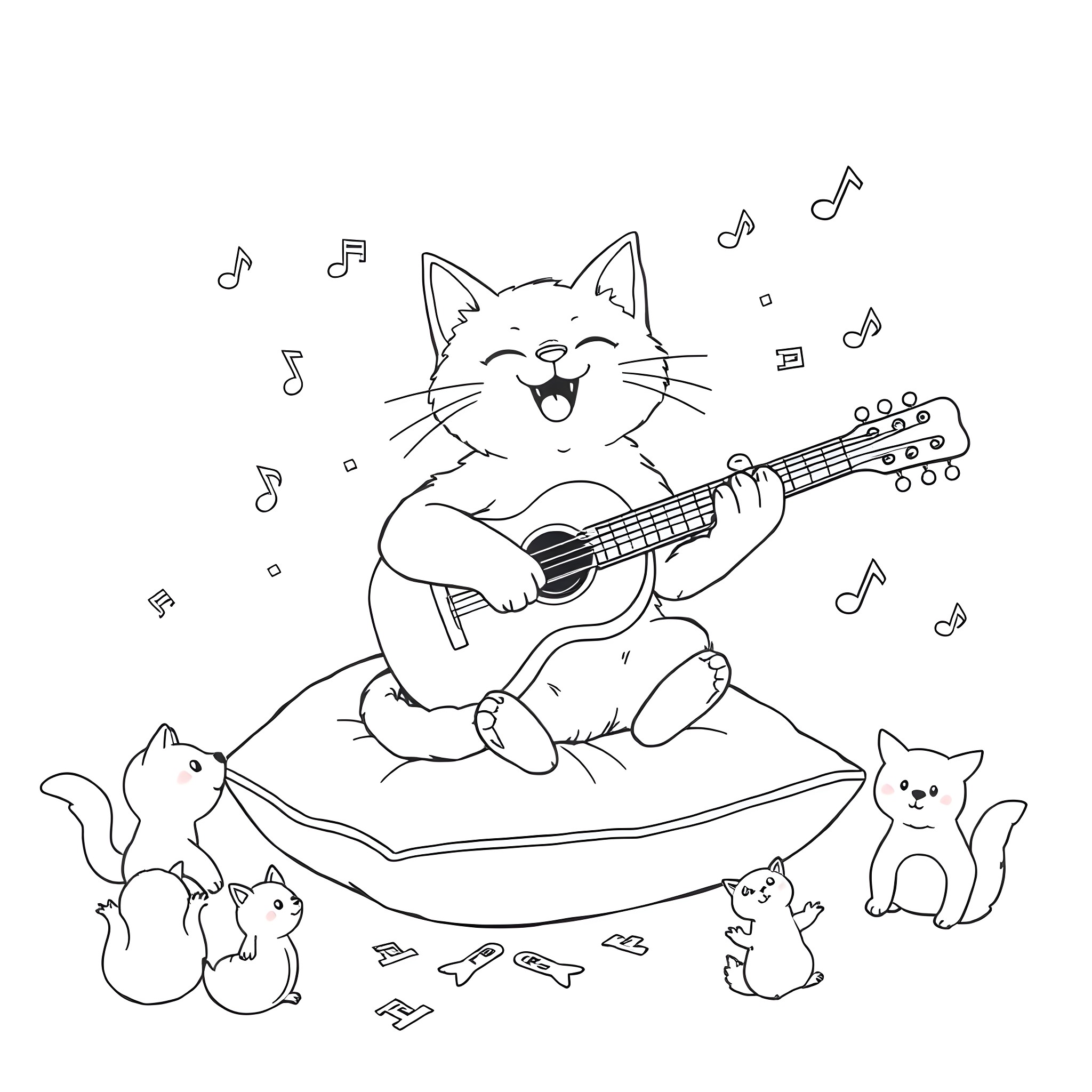 Cat Singing and Playing Guitar with Kittens Coloring Page (free black-and-white line drawing printable PDF for all, from beginners to advanced learners, including children, teens, adults, and seniors)