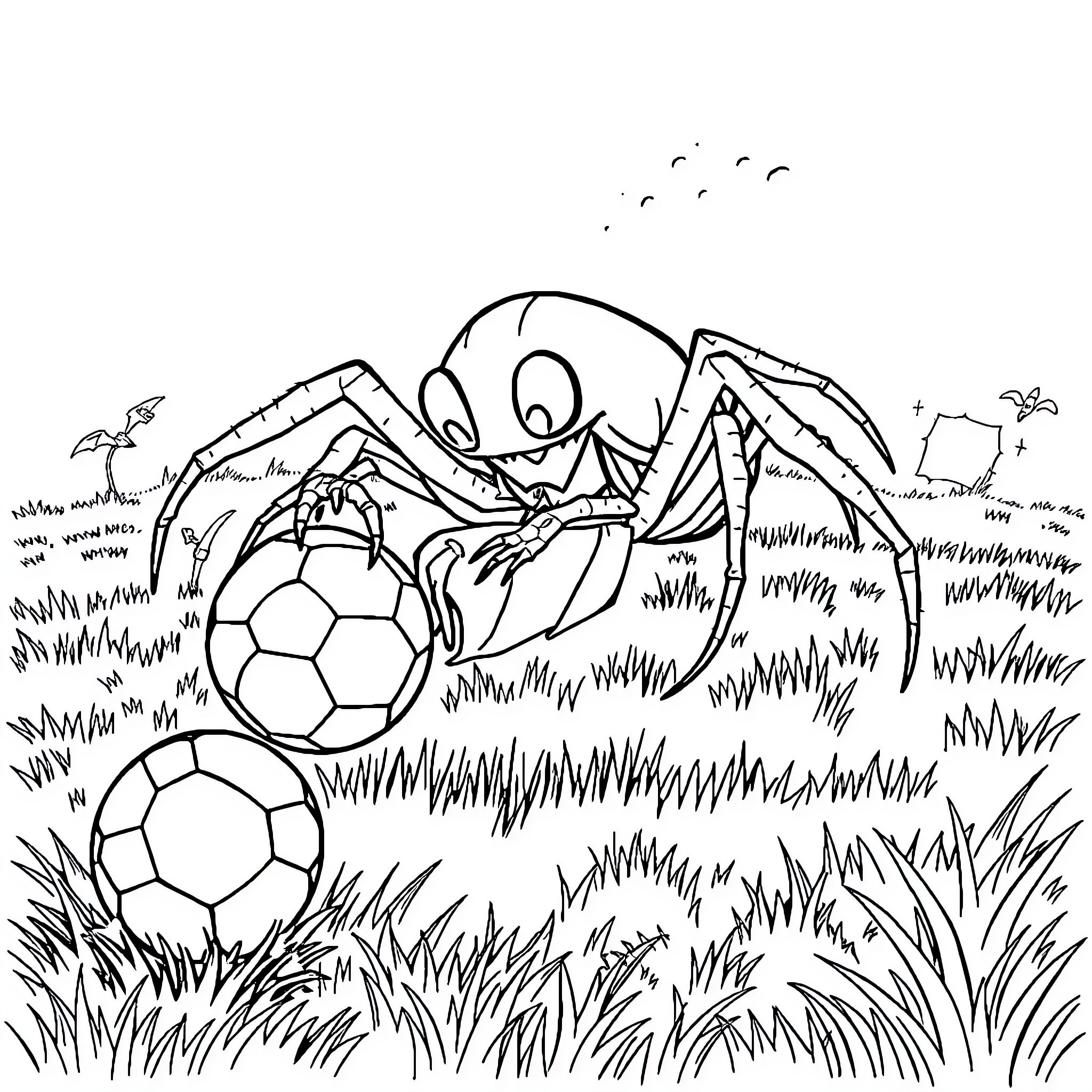 Ghost Spider chases soccer balls on the field Coloring Page (free black-and-white line drawing printable PDF for all, from beginners to advanced learners, including children, teens, adults, and seniors)
