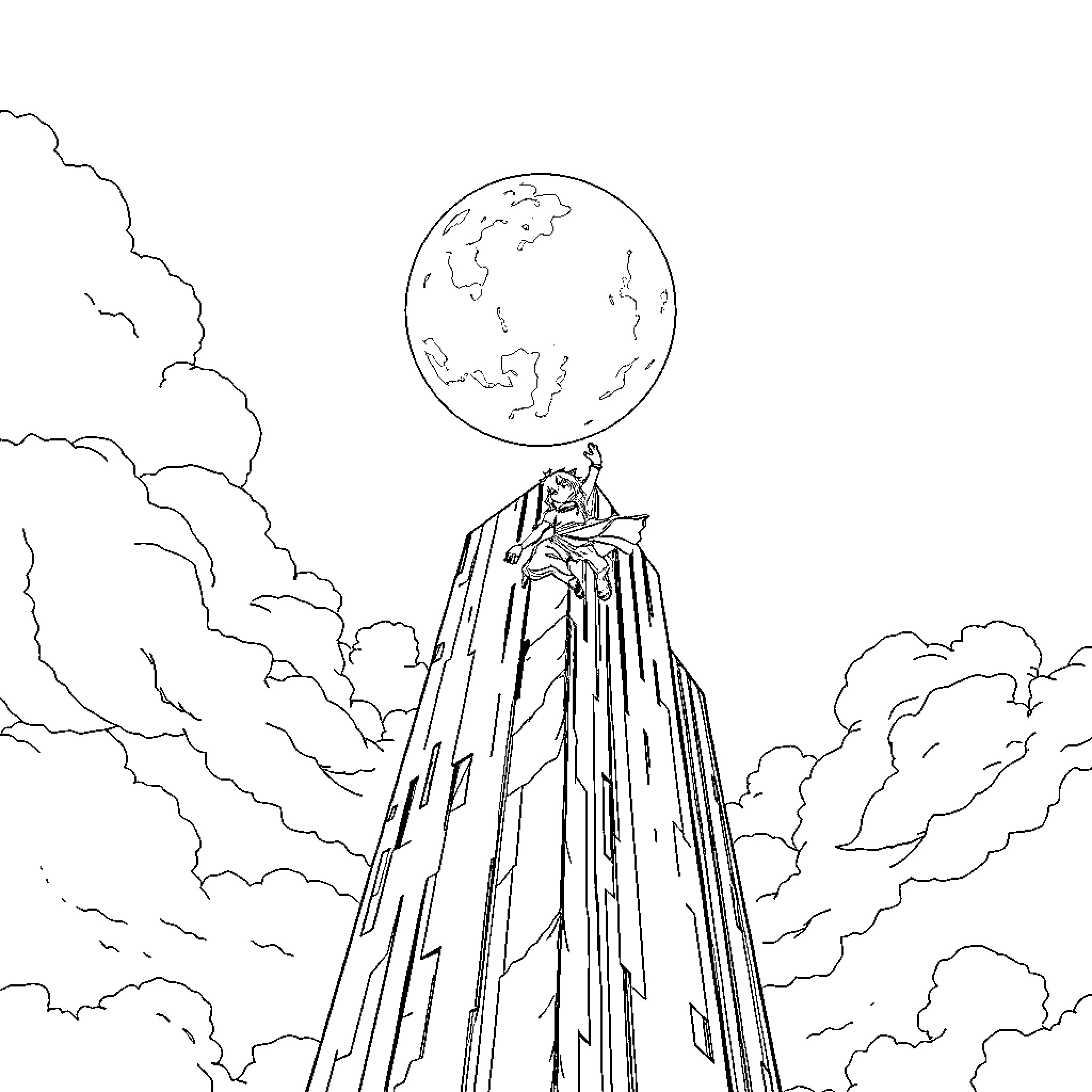 Nine Tailed Entity Ascending to the Heavens Coloring Page (free black-and-white line drawing printable PDF for all, from beginners to advanced learners, including children, teens, adults, and seniors)